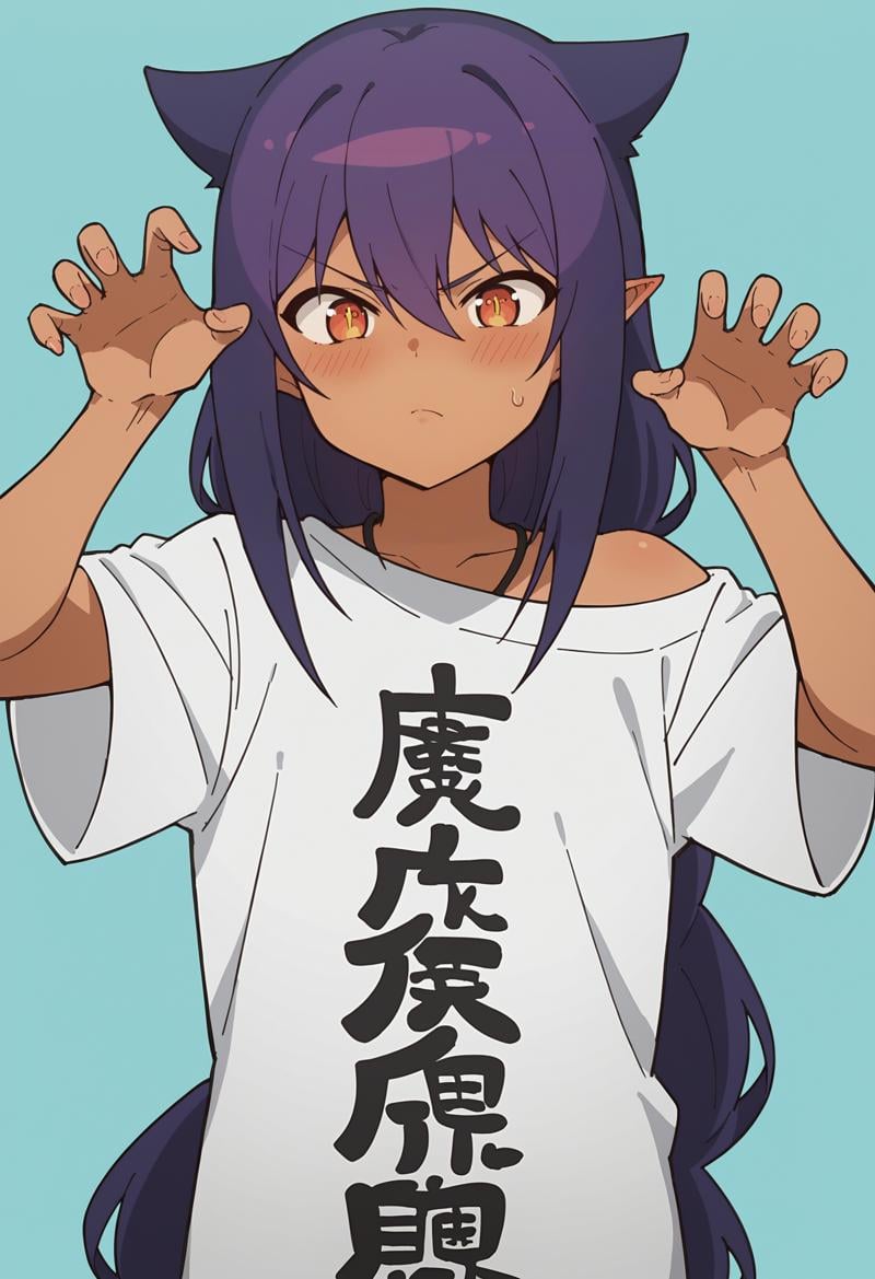 score_9, score_8_up, score_8, source_anime, 1girl, <lora:Jahy:0.85> solo, dark skin, dark-skinned female, long hair, hair between eyes, purple hair, pointy ears, shirt, white shirt, clothes writing, oversized clothes, blush, ojou-sama poselight blue background, simple background,