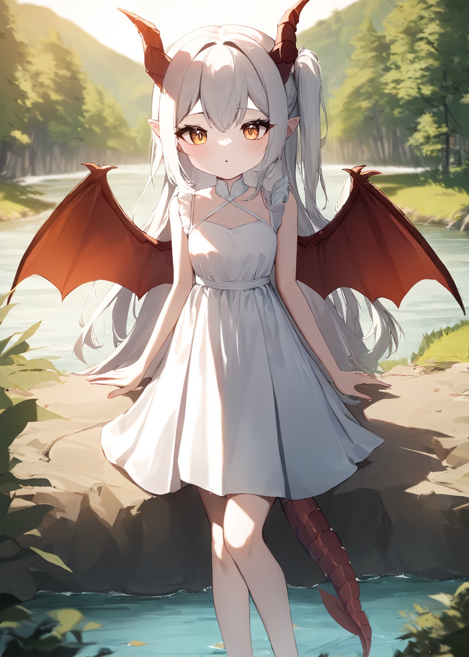 1girl,solo, dragon girl,  dragon tail, dragon wings, dragon horns, white dress, long hair, side up, river, tree, forest,masterpiece, best quality, absurdres, highres, recent, newest, sensitive