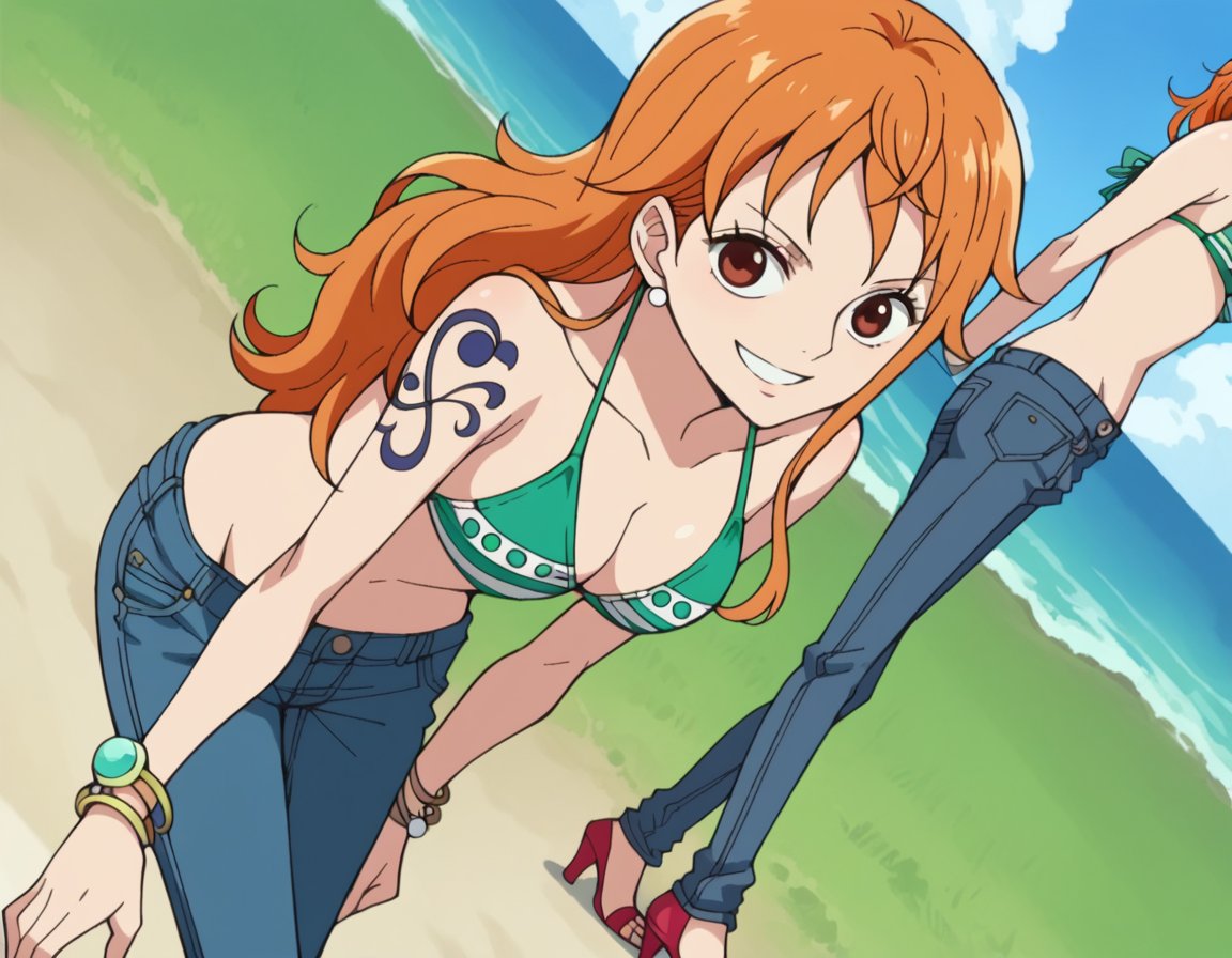 score_9, score_8_up, score_7_up, source_anime,onepiecenami, <lora:one-piece-nami-s15-ponyxl-lora-nochekaiser:1>nami, long hair, orange hair, brown eyes,jewelry, swimsuit, bikini, earrings, pants, high heels, bracelet, denim, bikini top only, jeans, tattoo,outdoors, beach, smile, bent over,looking at viewer, dutch angle, cowboy shot