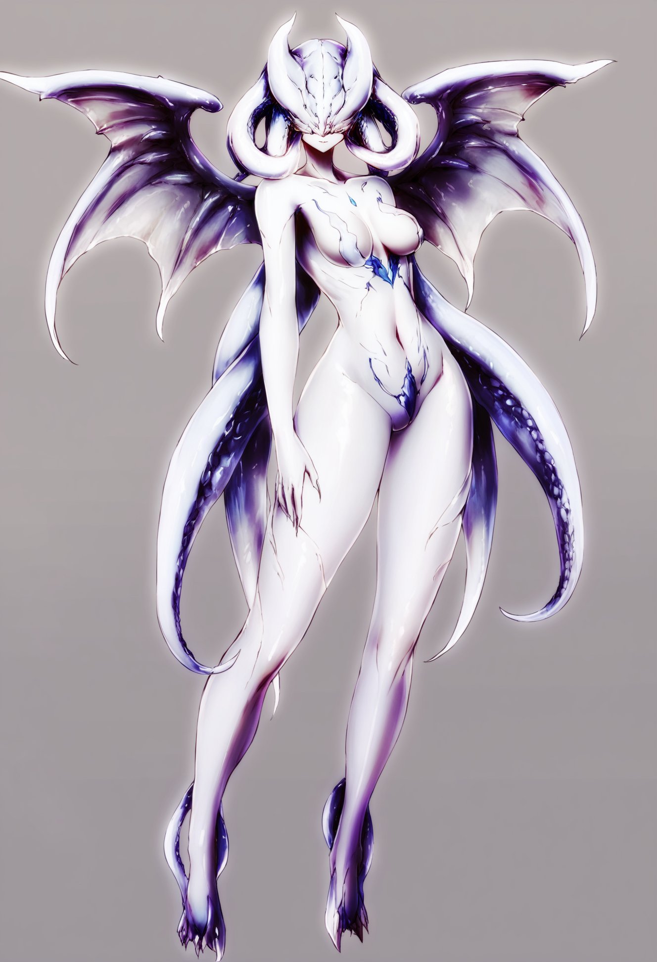 masterpiece, best quality,   <lora:sd_xl_dpo_lora_v1-128dim:1> , <lora:maboXLlokr4f-000072:1>1girl, solo, breasts, full body, monster girl, colored skin, covered eyes, wings, simple background, medium breasts, grey background, tentacles, facing viewer, standing, closed mouth, navel, blue skin, white skin 