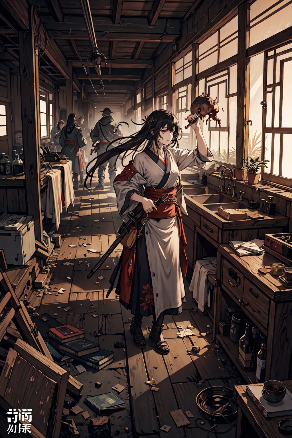 best quality,oriental_detailed background,girl,detailed_hand,battle, zombie,post-apocalypse, 