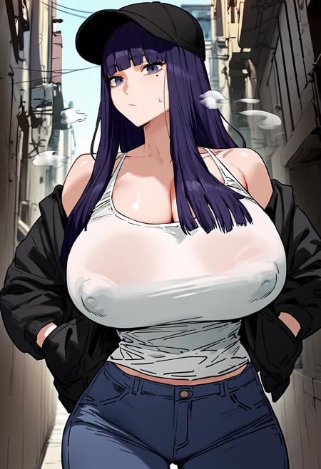 score_9, score_8_up, score_7_up, score_6_up, source_anime, rating_explicit, 1girl, (solo:1.1), huge breasts, <lora:Seong Yunaponyxl:1> long hair, purple hair, blunt bangs, purple eyes, mole under eye, black hair, baseball cap, black cap, black jacket, long sleeves, white tank top, cleavage, jeans, denim, expressionless, Narrow shoulders, heavy breathing, steaming body, alley, outdoors, looking at viewer