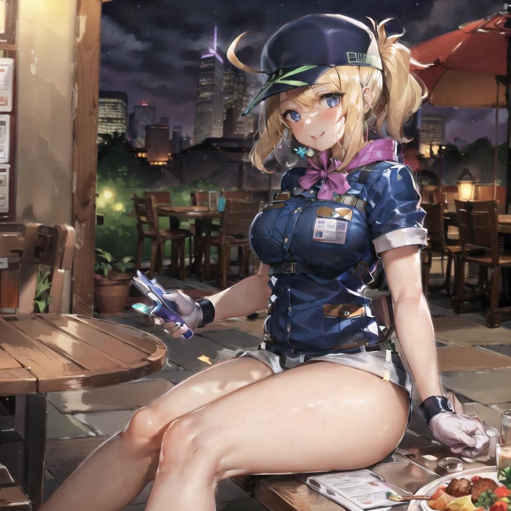 double_x,(her_ver:1.1),1girl,ahoge,sitting at a table outside in the evening,masterpiece, best quality, beautiful lighting, <lyco:mhx_v4:0.8>