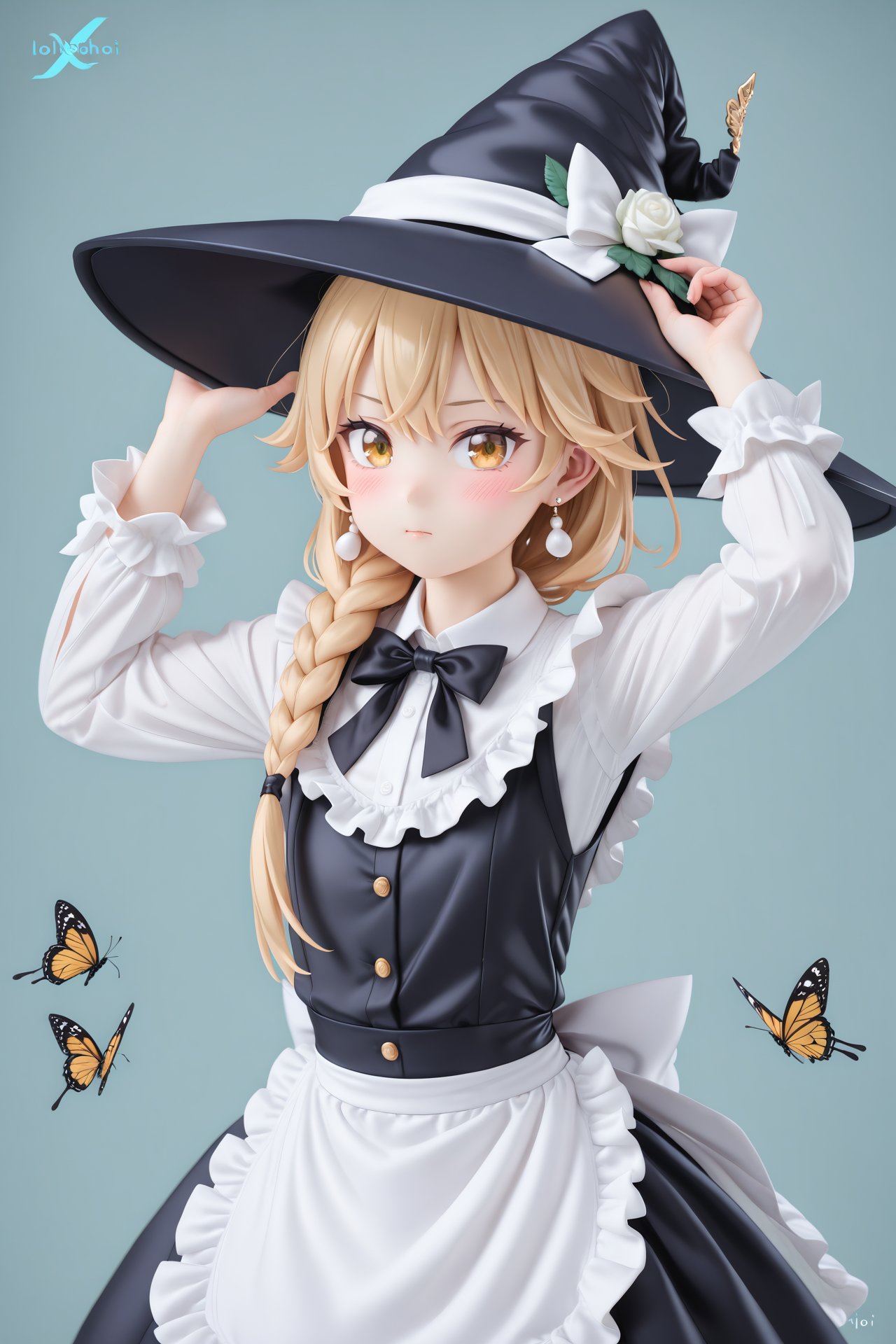 masterpiece,loli,1girl,hat,kirisame marisa,blonde hair,solo,yellow eyes,bug,witch hat,butterfly,long hair,braid,bow,flower,apron,black headwear,single braid,long sleeves,earrings,hair ornament,jewelry,white bow,hair flower,shirt,white shirt,closed mouth,hair between eyes,black bow,waist apron,white apron,hat bow,black skirt,white flower,blush,bowtie,skirt,black bowtie,looking at viewer,hair bow,rose,black vest,vest,frills,signature,buttons,hand on headwear,upper body,frilled apron,white rose,arms up,cowboy shot,yellow butterfly,arm up,hands up,artist name,side braid,ribbon