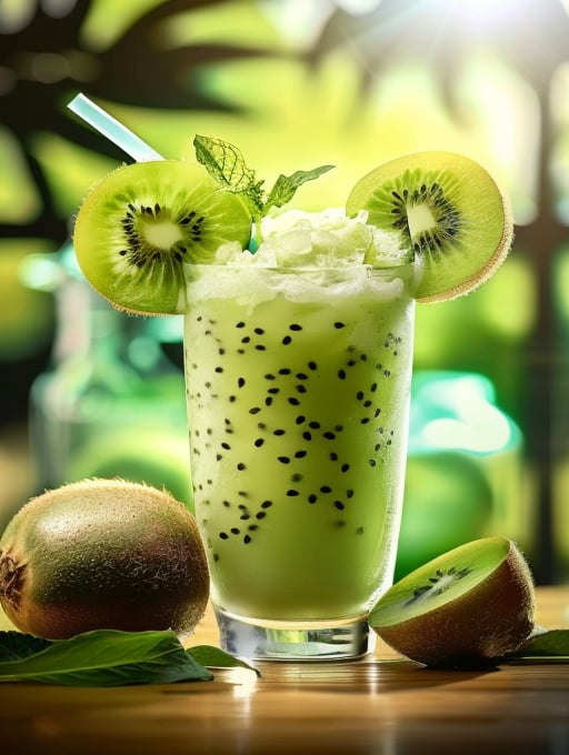 drinking straw,blurry background,cup,depth of field,leaf,table,kiwifruit,