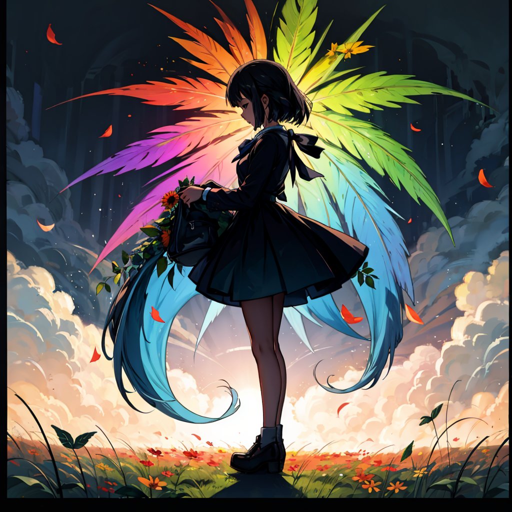 1girl, flowers, leaf, swirling mist, rainbow mist, dripping, traditional texture, (silhouette:1.3), rainbow:1.3