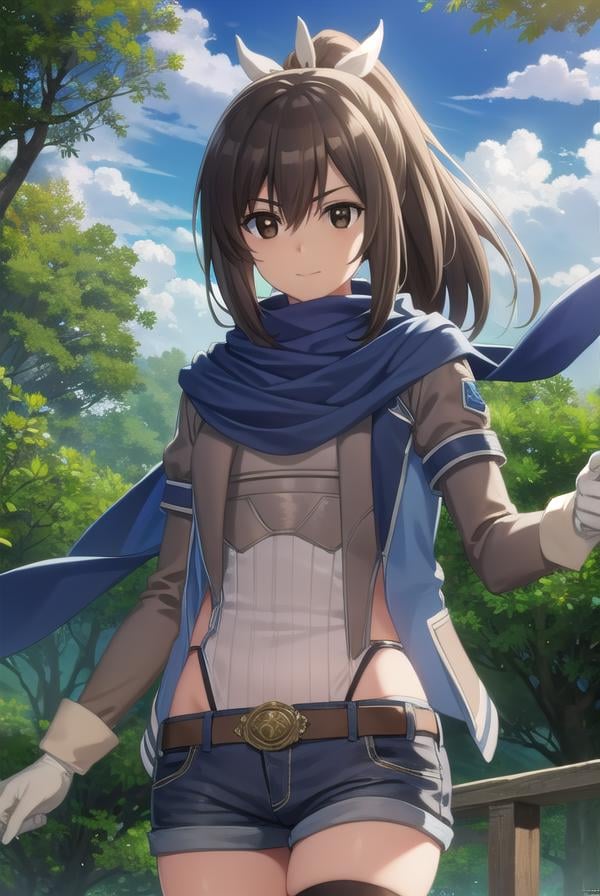 bofurisally, <lora:bofuri sally s2-lora-nochekaiser:1>, sally, long hair, brown hair, (brown eyes:1.5), ribbon, hair ribbon, ponytail, smile,BREAK gloves, shorts, scarf, blue scarf, shirt, white shirt, puffy sleeves, long sleeves, belt, denim shorts,BREAK outdoors, nature, forest, sun, sky, clouds, trees, grass,BREAK looking at viewer,BREAK <lyco:GoodHands-beta2:1>, (masterpiece:1.2), best quality, high resolution, unity 8k wallpaper, (illustration:0.8), (beautiful detailed eyes:1.6), extremely detailed face, perfect lighting, extremely detailed CG, (perfect hands, perfect anatomy),