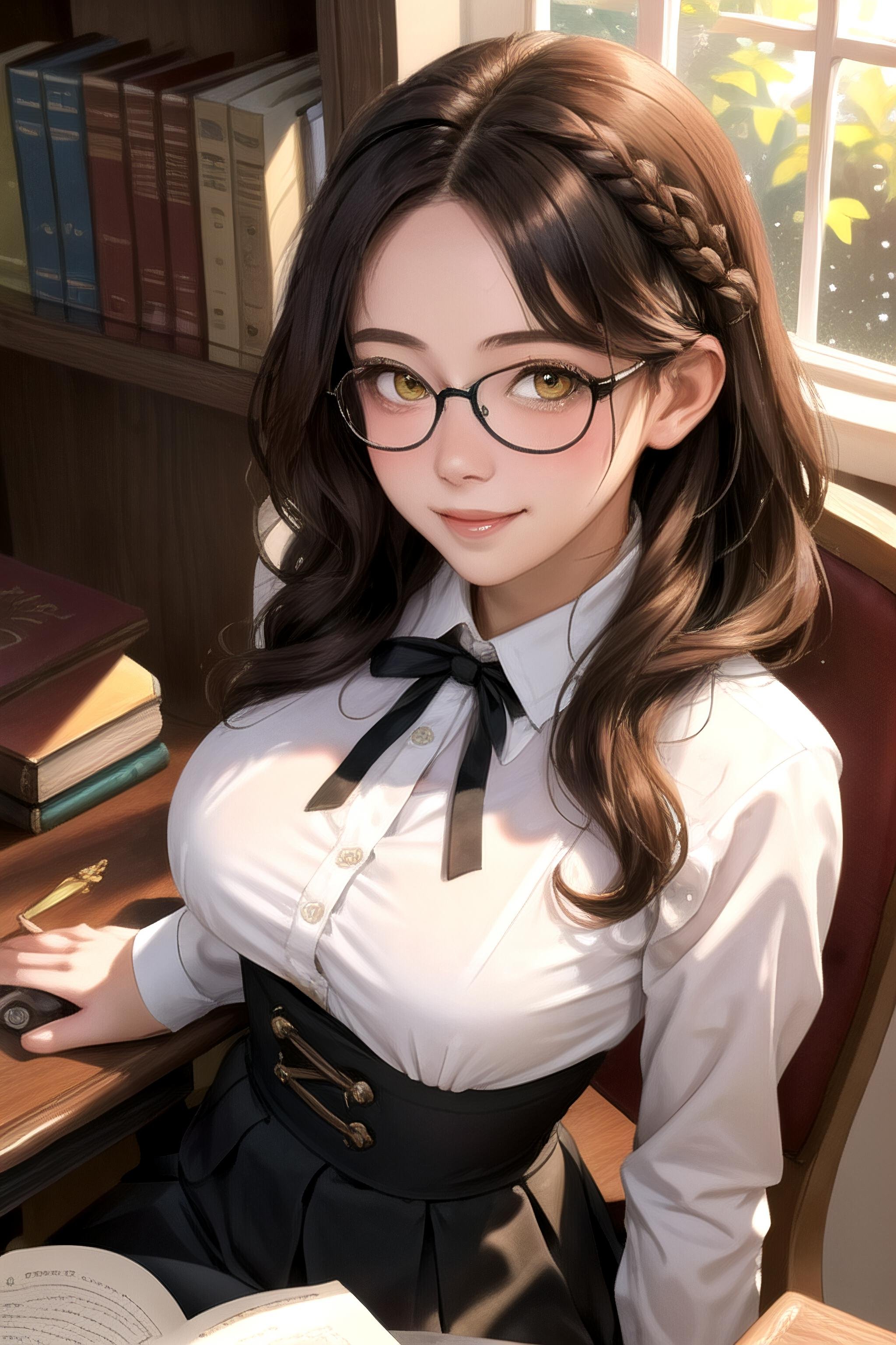 (masterpiece, best quality), 1girl, solo, mature female, brown hair, low-braided long hair, wavy hair, yellow eyes, parted bangs, sidelocks, large sagging breasts, long eyelashes, black-framed round eyewear, white dress shirt, black neck ribbon, black high-waist skirt, underbust, looking at viewer, light blush, parted lips, light smile, shushing, library, bookshelf, desk, chair, window, light rays, light particles, sitting, on chair, open book, upper body, from above, sexually suggestive, 