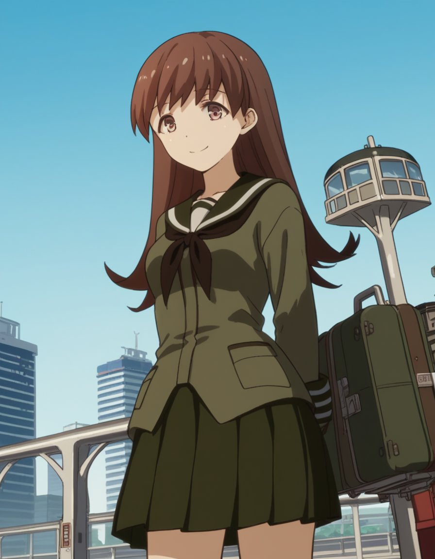 score_9, score_8_up, score_7_up, source_anime, <lora:kacolle-ooi-s1-ponyxl-lora-nochekaiser:1>, ooi, long hair, brown hair, brown eyes, ooi (kancolle), skirt, school uniform, pleated skirt, serafuku,, train station, waiting for train, suitcase, traveling, commute, city skyline, hands behind back,, , , smile, from below, solo,, cowboy shot, dutch angle