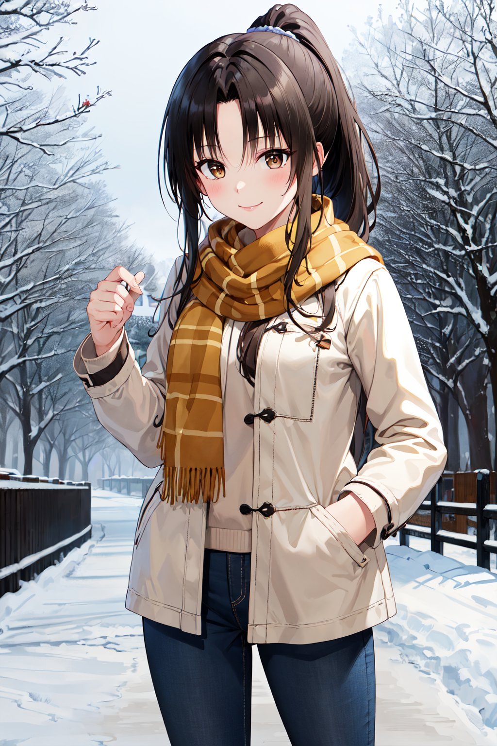 masterpiece, best quality, highres, 1girl, solo, long hair, black hair, ponytail, parted bangs, brown eyes, <lora:kujou_rin_v1:0.7>, winter clothes, scarf, snow, road, standing, cowboy shot, smile