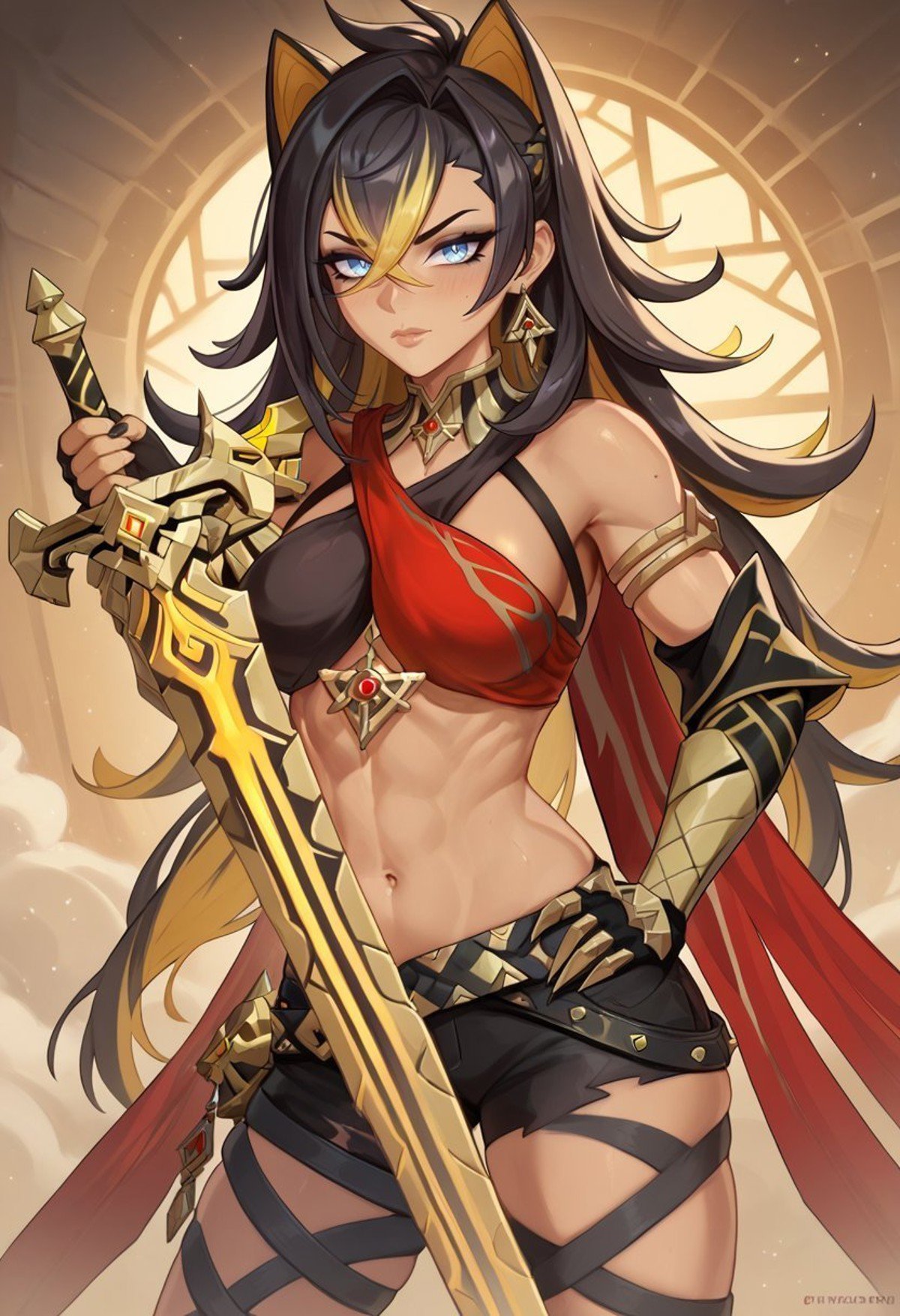 score_9, score_8_up, score_7_up, score_6_up BREAKholding a sword, dehya-dh, 1girl, animal ears, black hair, blonde hair, blue eyes, criss-cross halter, crossed bangs, dark-skinned female, hair between eyes, jewelry, long hair, multicolored hair, streaked hair, <lora:Dehya_Genshin_Impact:0.7> <lora:CptPopcornLycoXL:0.7>