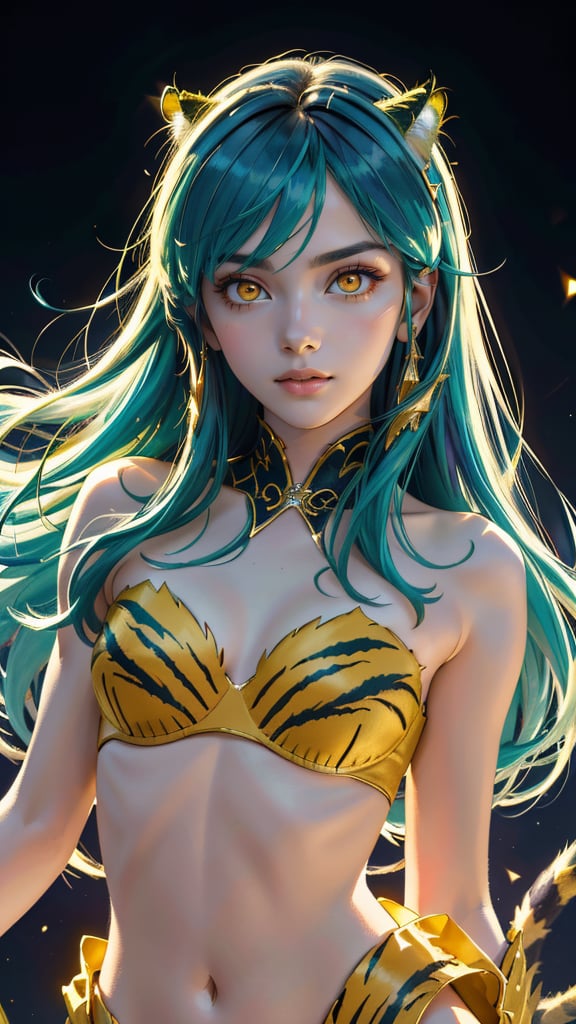 (best quality, masterpiece, colorful, dynamic angle, realistic)\Lum\, upper body photo, fashion photography of cute, intense long green hair, orange eyes, tiger print, strapless bikini, yellow boots, yellow little horns, small horns, \Lum\, <lora:lum4:0.6>  (ultrahigh resolution textures), in dynamic pose, bokeh, (intricate details, hyperdetailed:1.15), moonlight passing through hair, perfect night, (fantasy background), (official art, extreme detailed, highest detailed), HDR+