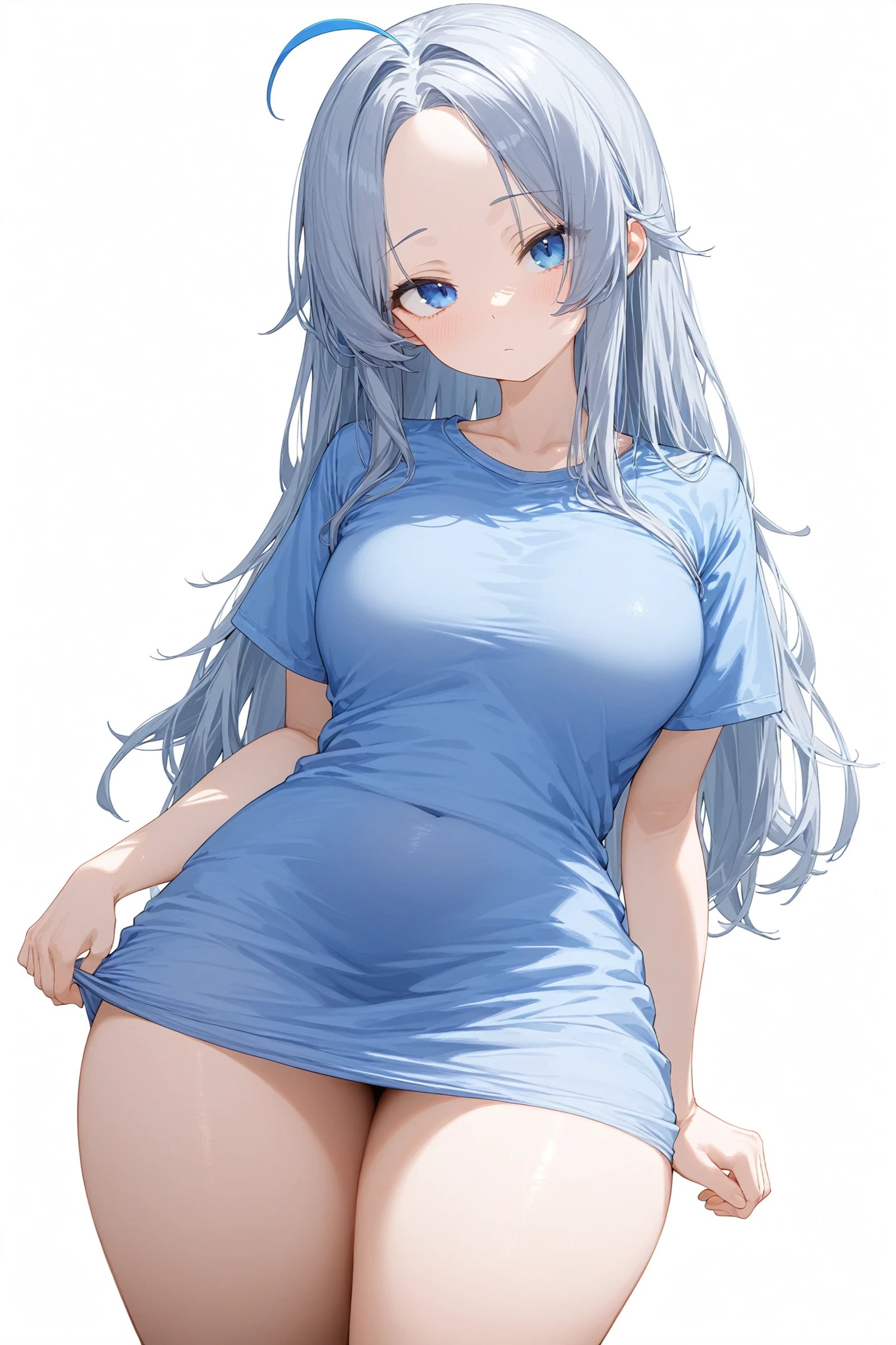 1girl, solo, ahoge, blue eyes, blue hair, blue shirt, closed mouth, cowboy shot, dot mouth, dot nose, forehead, grey hair, long hair, long shirt, looking at viewer, shirt, short sleeves, sidelocks, simple background, thick thighs, thighs, white background, masterpiece, best quality