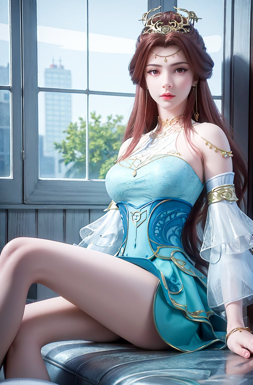 crystalstexture skin,best quality,masterpiece,ultra detailed,8k,RAW photo,realistic,photorealistic,ultra-detailed,intricate detail,extremely detailed,delicate pattern,masterpiece,looking at viewer,<lora:C_百炼成神_苏灵韵2_JAN:0.7>,bedroom,1girl,solo,dress,hair ornament,earrings,long hair,jewelry,bare shoulders,detached sleeves,sitting,bare legs,