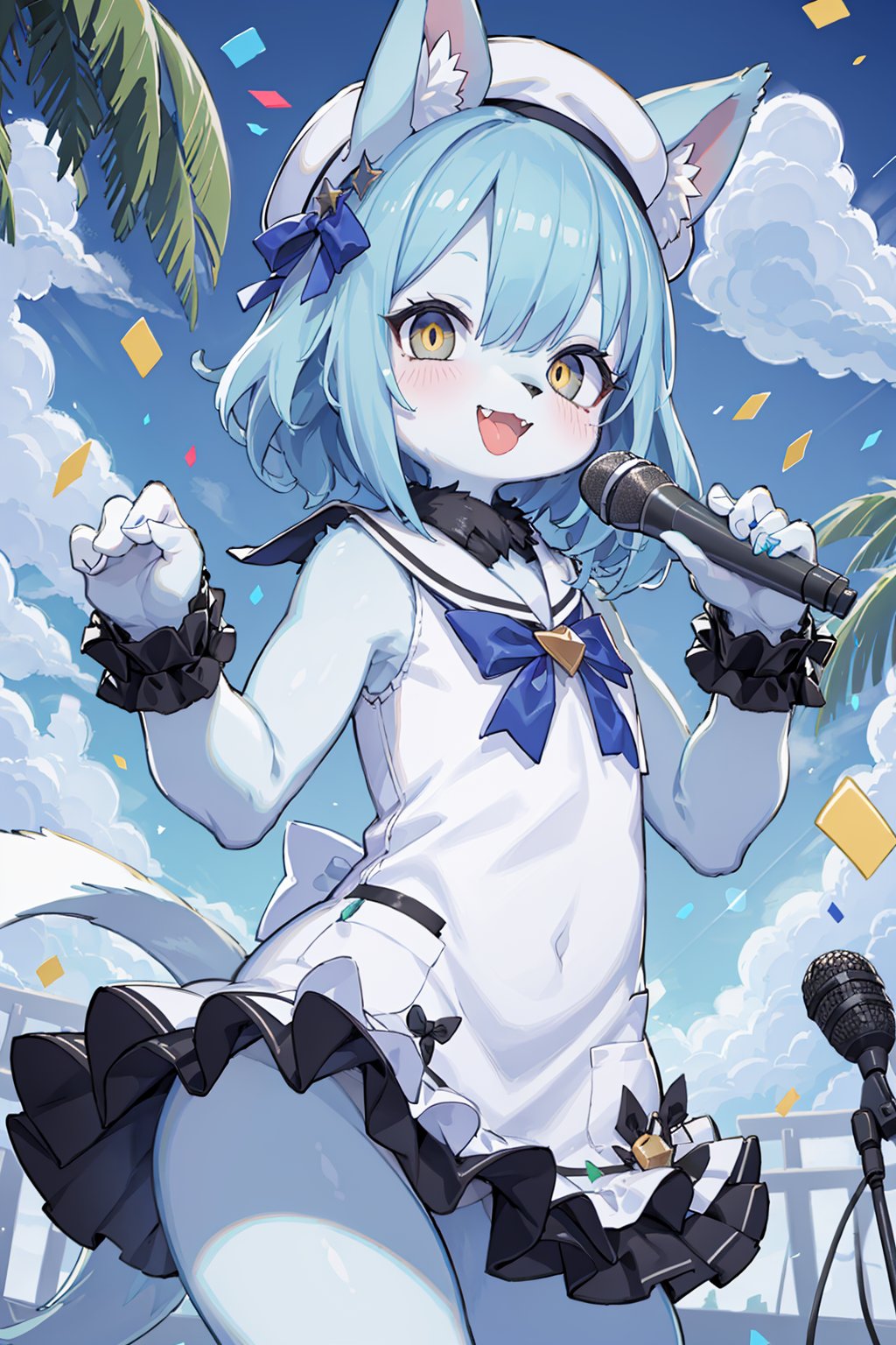 ((masterpiece, best quality)),furry, animal ears,  tail, bodyfur, 1girl, bangs, belt, bird, blue_hair, blue_sky, blush, braid, cloud, confetti, day, dress, frills, hair_ribbon, hat, looking_at_viewer, microphone, mini_hat, music, open_mouth, outdoors, palm_tree, ribbon, sailor_collar, sailor_dress, seagull, short_hair, singing, sky, sleeveless, sleeveless_dress, smile, solo, stage, sunlight, tree, wrist_cuffs, yellow_eyes