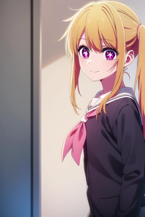 rubyhoshino, <lora:ruby hoshino s1-lora-nochekaiser:1>,ruby hoshino, long hair, bangs, blonde hair, (pink eyes:1.3), sidelocks, (symbol-shaped pupils:1.5), multicolored hair, two-tone hair, smile,BREAK side ponytail, long sleeves, school uniform, serafuku, sailor collar, neckerchief, cardigan, red neckerchief, white sailor collar,BREAK indoors, classroom,BREAK looking at viewer, (cowboy shot:1.5),BREAK <lyco:GoodHands-beta2:1>, (masterpiece:1.2), best quality, high resolution, unity 8k wallpaper, (illustration:0.8), (beautiful detailed eyes:1.6), extremely detailed face, perfect lighting, extremely detailed CG, (perfect hands, perfect anatomy),