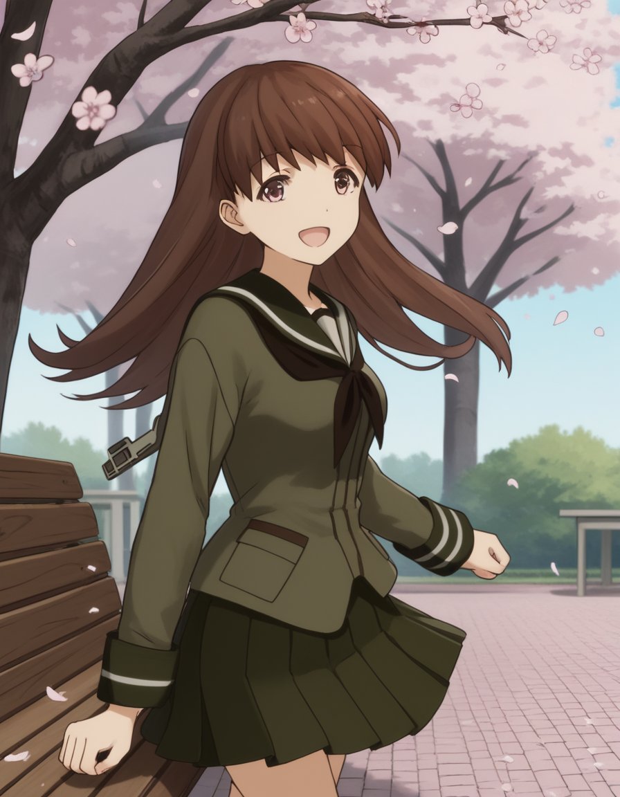 score_9, score_8_up, score_7_up, source_anime, <lora:kacolle-ooi-s1-ponyxl-lora-nochekaiser:1>, ooi, long hair, brown hair, brown eyes, ooi (kancolle), skirt, school uniform, pleated skirt, serafuku,, park, cherry blossoms, bench, gentle breeze, peaceful, running, open mouth,, smile, looking at viewer, smile, from side, solo,, cowboy shot, dutch angle