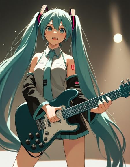 score_9,  score_8_up, score_7_up, source_anime, <lora:confetti-extract-ponyxl:1> 1girl, solo, hatsune miku, guitar, cinematic lighting, art by jtveemo