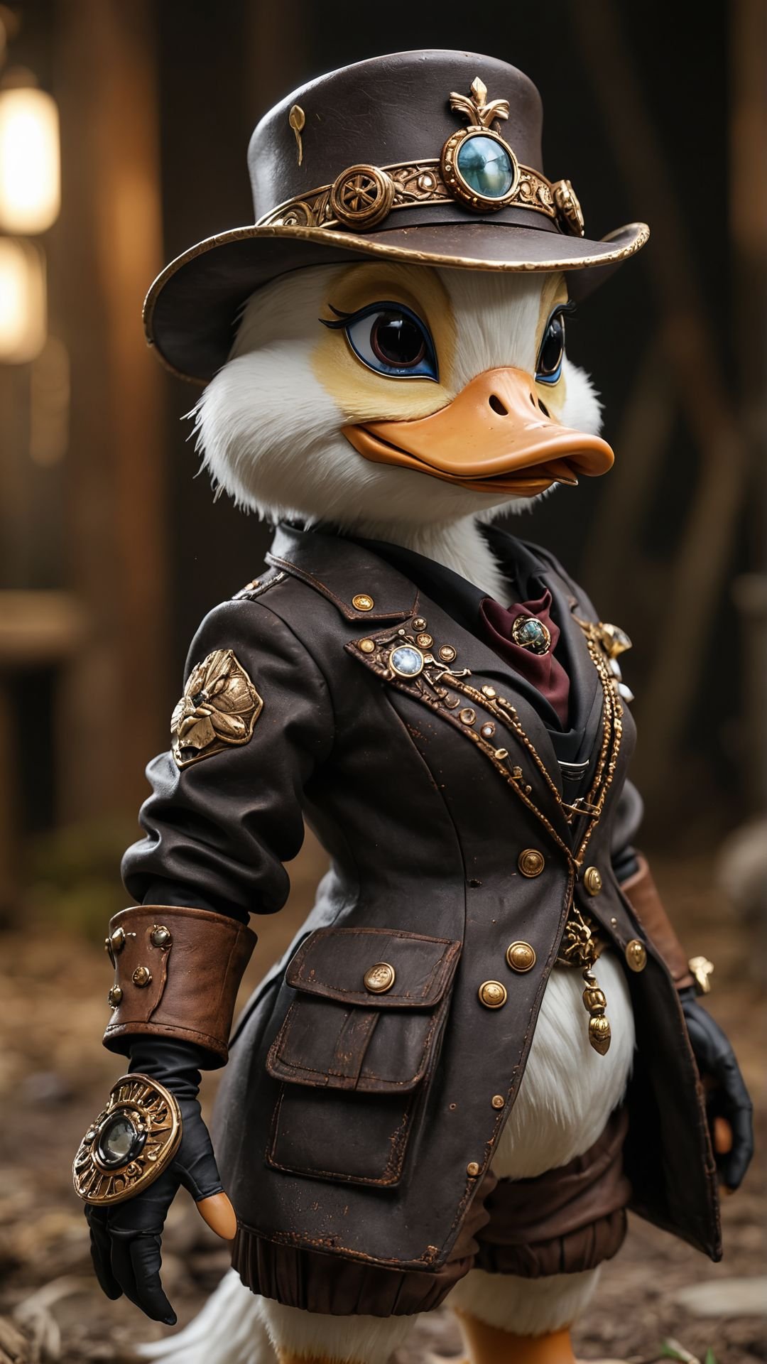 broad-shouldered (Daisy Duck:1.2) Enforcer, best quality, she is wearing a [Blazer|Rompers], The Trapper hat is copper and is detailed with bits of Plating, shallow depth of field, dark art, stylized by Tetsuya Ishida, social commentary, surrealism, introspective, symbolic, dynamic cinematic color, holy, dynamic dramatic atmosphere, sublime, colorful, dynamic