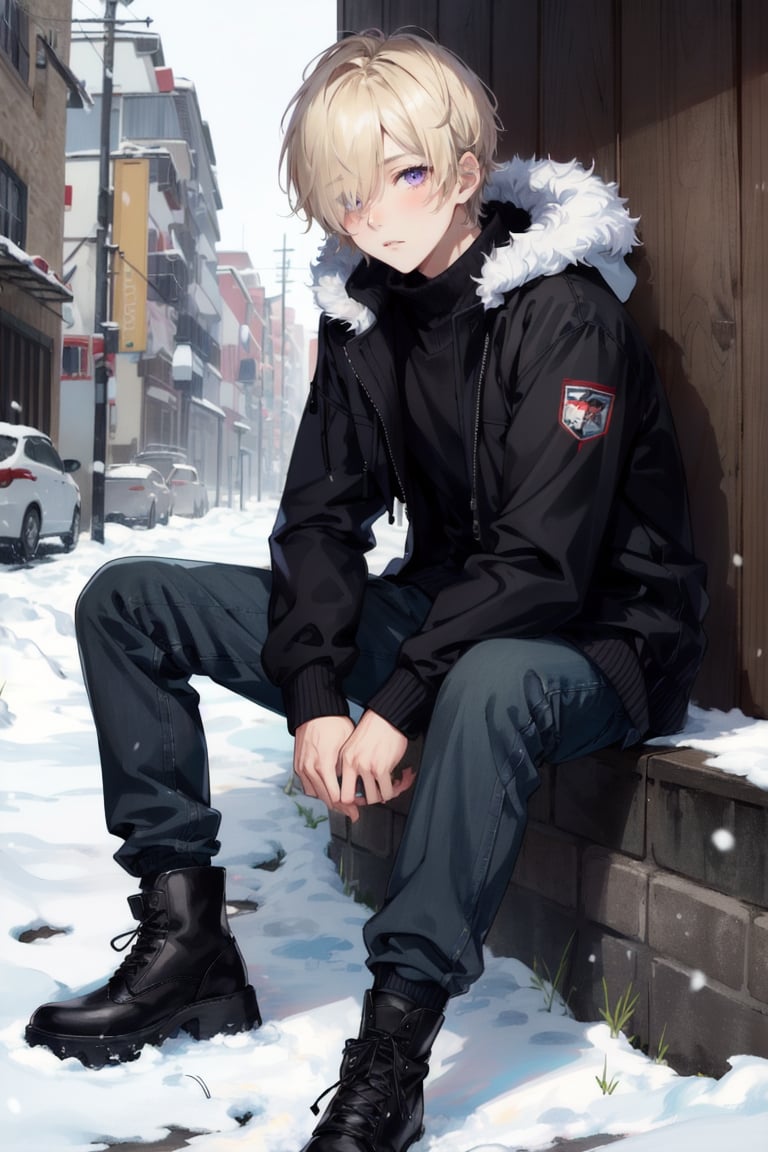 1boy, male focus, blonde hair, solo, sitting, hair over one eye, purple eyes, sweater, pants, hood, boots, jacket, looking at viewer, turtleneck, fur trim, snow, outdoors, turtleneck sweater, black pants, black footwear, snowing, long sleeves, white sweater, hood down, plant