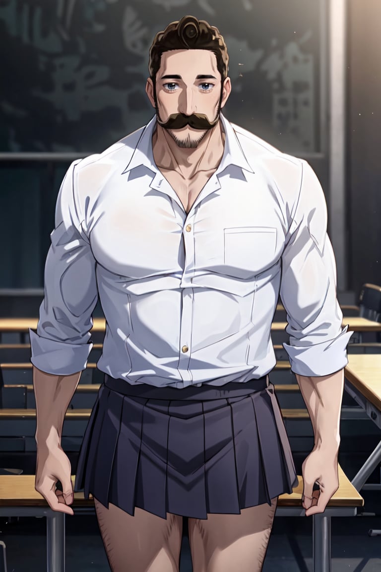 masterpiece, best quality, ultra-detailed, glistening shiny, glowing light, ray tracing, HDR, deph of field, (perfect face, detailed face), 1boy, <lora:Alaindelon:0.8>, alaindelon, mustache, facial hair, muscular, schoolgirl uniform, short skirt, standing, bare legs