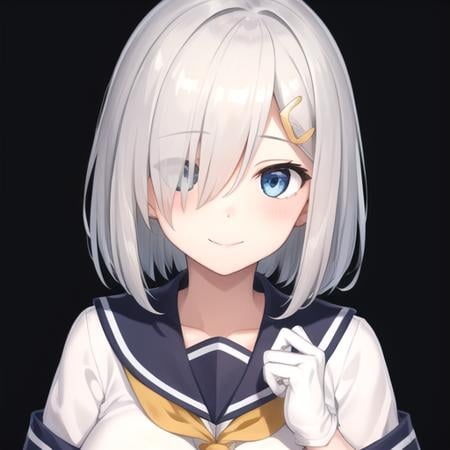 ((masterpiece)),(best quality),official art,extremely detailed CG,unity 8k wallpaper,ultra detailed,1girl,solo,upper body,(portrait:1.2),school_uniform,white serafuku,hairclip,blue_eyes,short_hair,hair_ornament,hair_over_one_eye,grey_hair,white_gloves,black_pantyhose,short_sleeves,smile,pleated_skirt,large_breasts,looking_at_viewer,<lora:Hamakaze(kan)>,