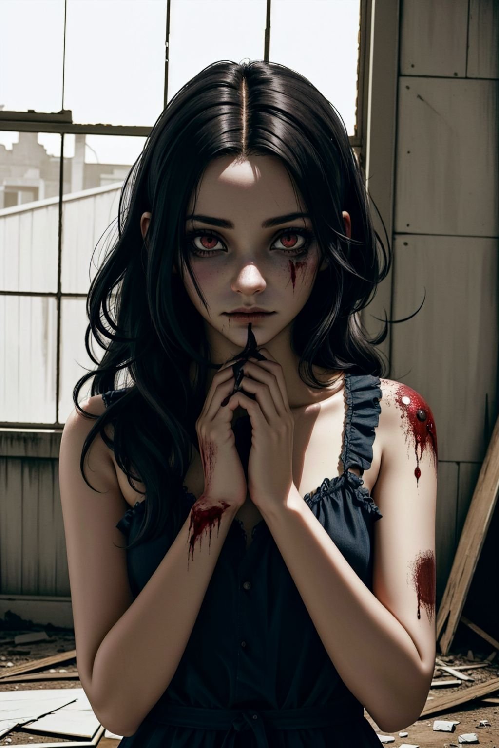 zombie girl in a ruined room, vampire, blood on her hands, disheveled hair, detailed face, Suspicious facial expression, pale skin, (zombie pose:1.2), (red eyes:1.3), (detailed skin texture:1.2), (photorealistic:1.5), ultrasharp, (masterpiece), best quality, (extremely detailed:1.3), perfect hands, horror movie concept