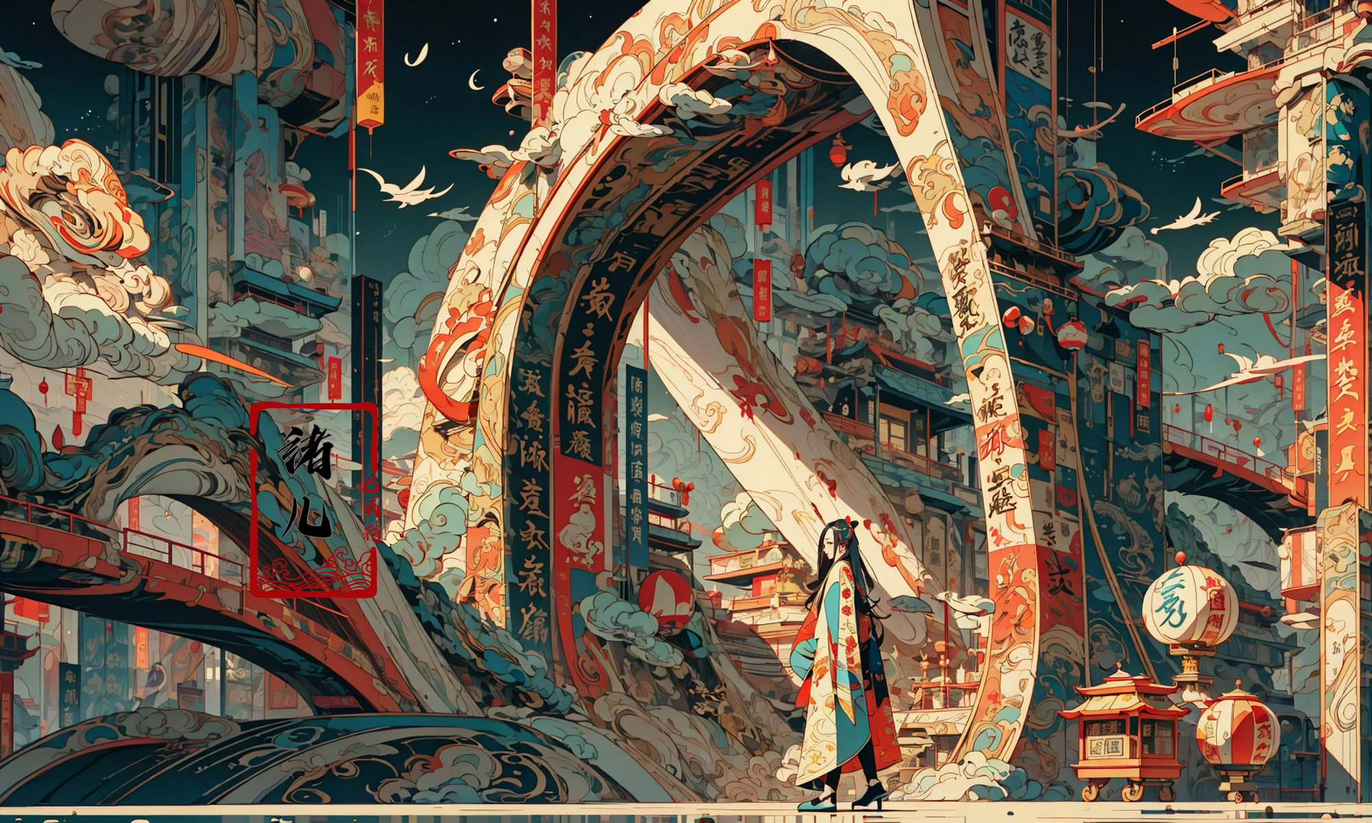 illustrations,guochao，cyan background，Calligraphy, Golden line，<lora:guochao_20231107061426:0.8>