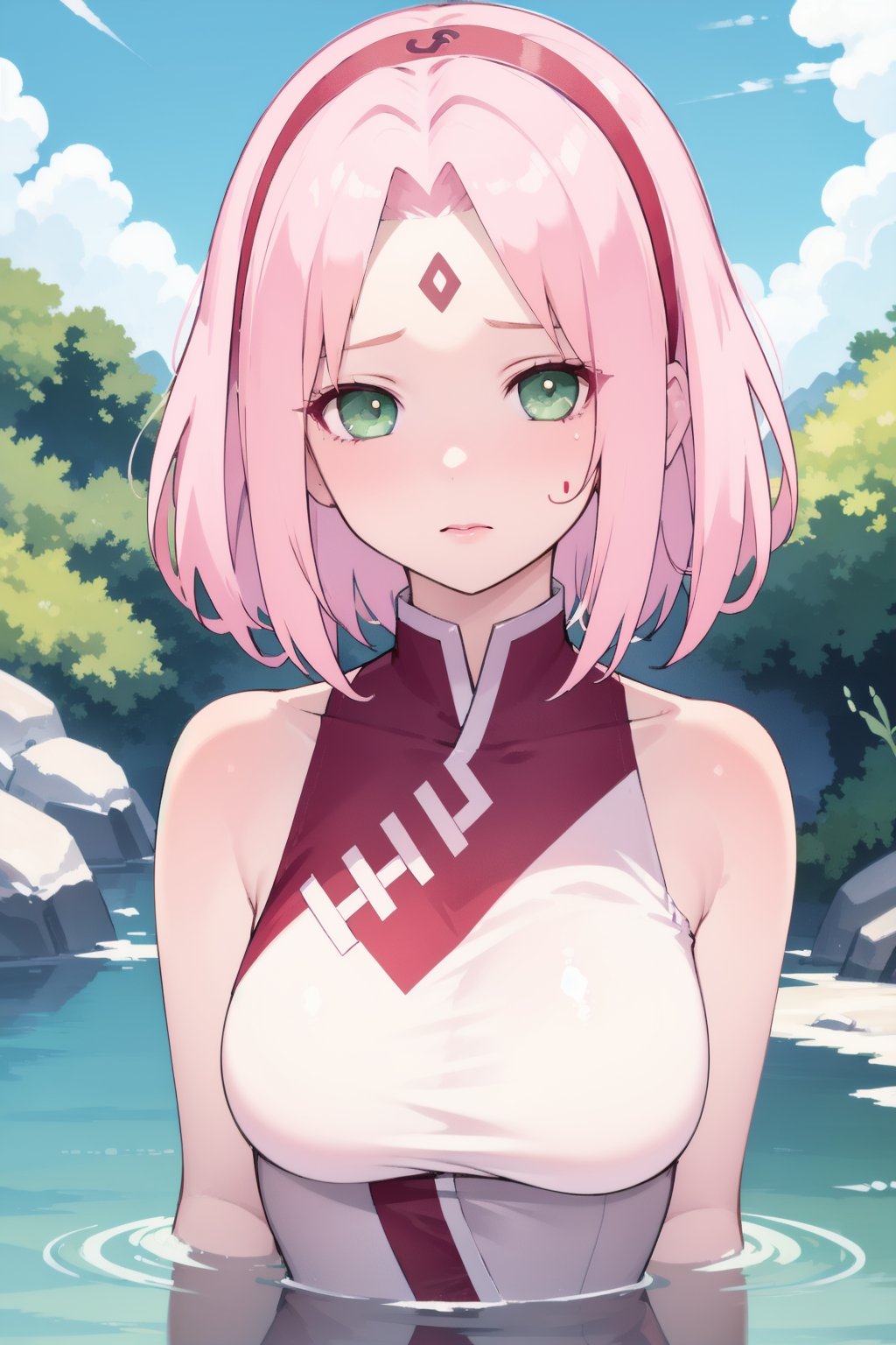 1girl,haruno sakura,solo,looking at viewer,short hair,bangs,shirt,bare shoulders,medium breasts,closed mouth,green eyes,upper body,pink hair,outdoors,sleeveless,water,parted bangs,forehead mark,red hairband,<lora:lbc_haruno_sakura_240324_v1.0-000010:0.9>,