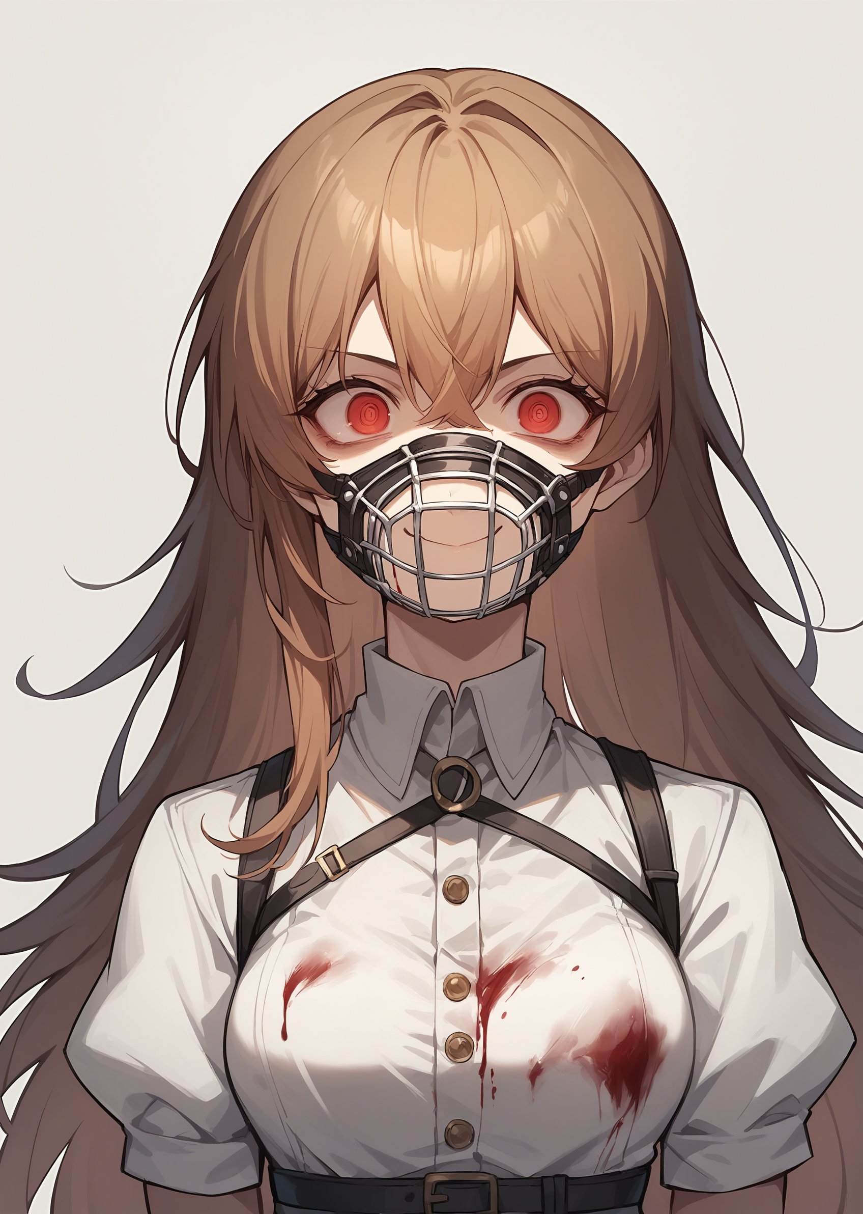 (score_9, score_8_up, score_7_up), anime_source, BREAK, 1girl, solo, brown colored hair, long hair, indianred eyes, crazy eyes, muzzle_mask, medium breasts, white dress, blood on clothes, closed mouth, smile, dynamic pose, upper body, simple background, <lora:muzzle:0.6>