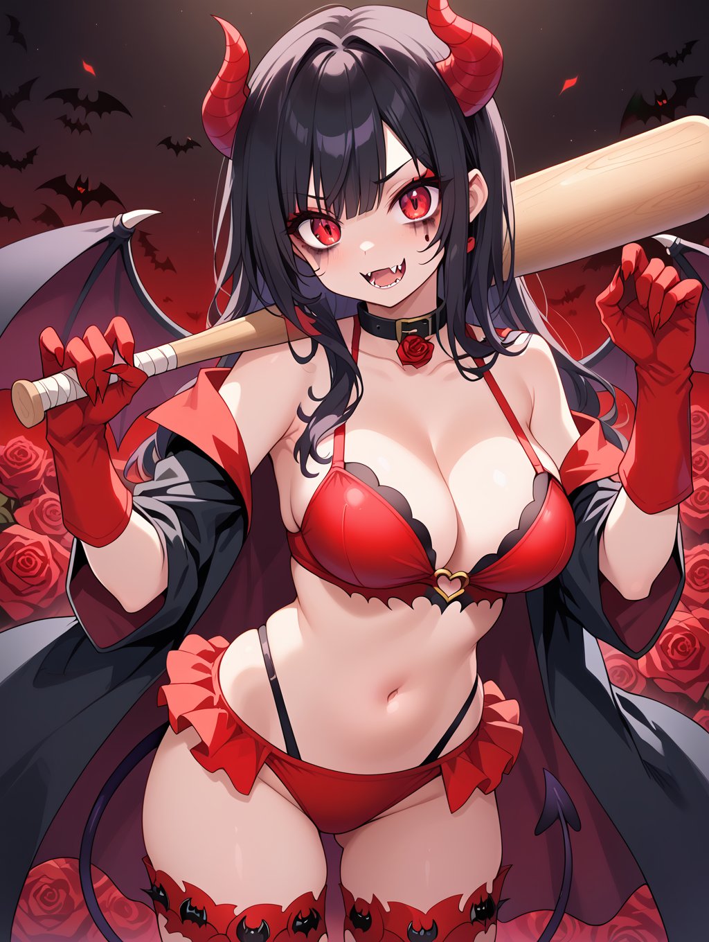 score_9, score_8_up, score_7_up,source_anime, 1girl, Off-shoulder, black hair, collarbone, black and red bikini swimsuit, bright red rose decoration, big cleavage,Demon symbolic painting, scary background, rose effect,Demon cosplay, big wolf gloves, big bat wings, demon tail, cute makeup,Black cloak, golden baseball bat