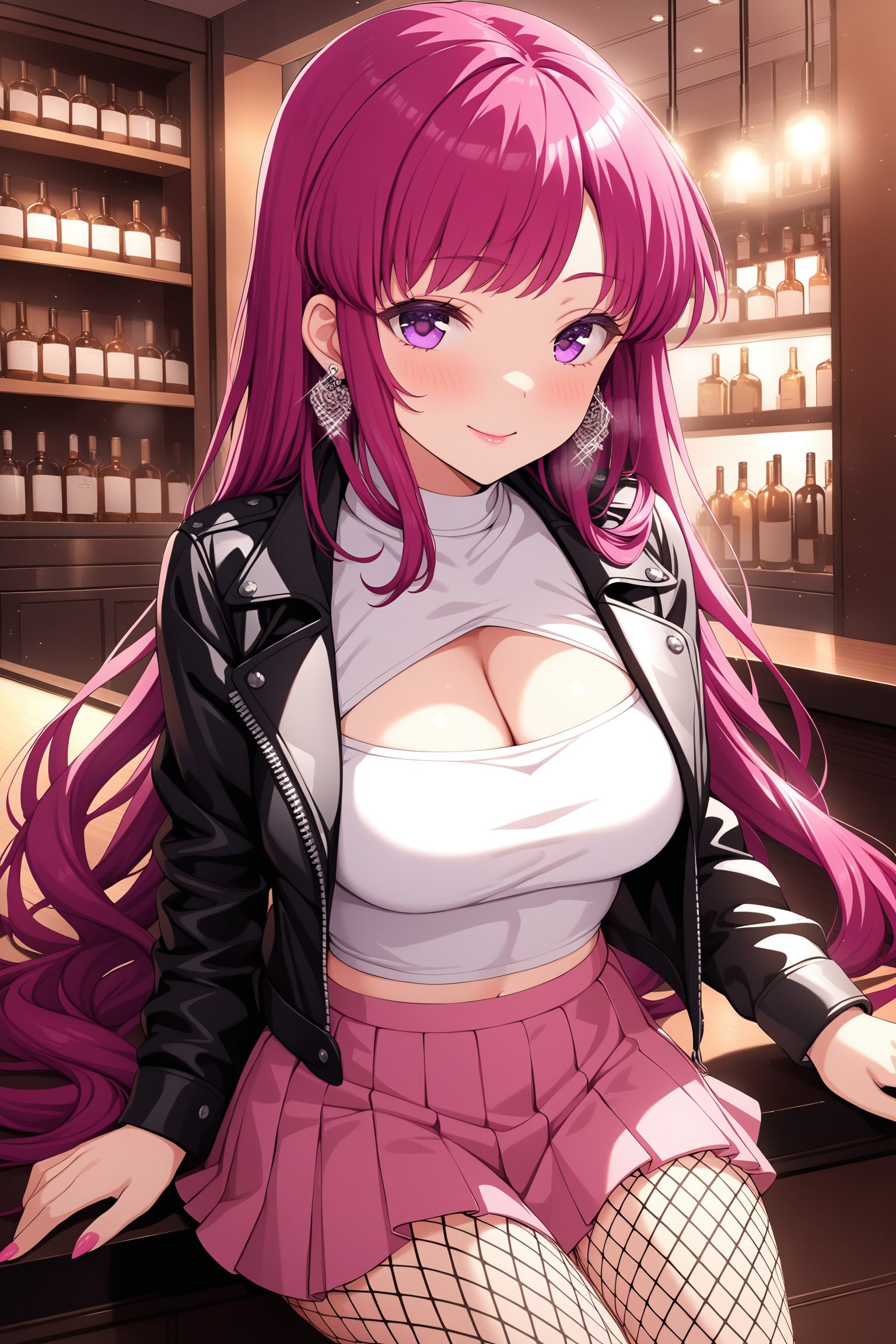 (masterpiece, best quality, very aesthetic, ultra detailed), intricate details, highly detailed background, perfect lightingbest quality, asamikei, solo, indoors, bar, leather, pink hair, very long hair, sidelocks, purple eyes, earrings, jewelry, medium breasts, black jacket, leather jacket, open jacket, white shirt, cleavage cutout, clothing cutout, crop top, tube top, bare shoulders, pink skirt, pleated skirt, miniskirt, nail polish, fishnet pantyhose, smile, closed mouth, pink lips, <lora:Asami-Kei:0.7>