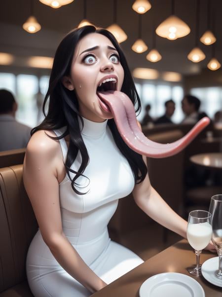 score_9, score_8_up, score_7_up, score_6_up, score_5_up, score_4_up,black hair, <lora:longtongue-ponyxl-v1:1>, long tongue, a beautiful woman in a restaurant, sitting at a table, white dress, looking down, scared, screaming, sweating,  touching tongue, ultra realistic, (high quality, detailed, beautiful), detailed beautiful eyes, realistic, outstanding,<lora:add-detail-xl:0.7> <lora:xl_more_art-full_v1:0.1>