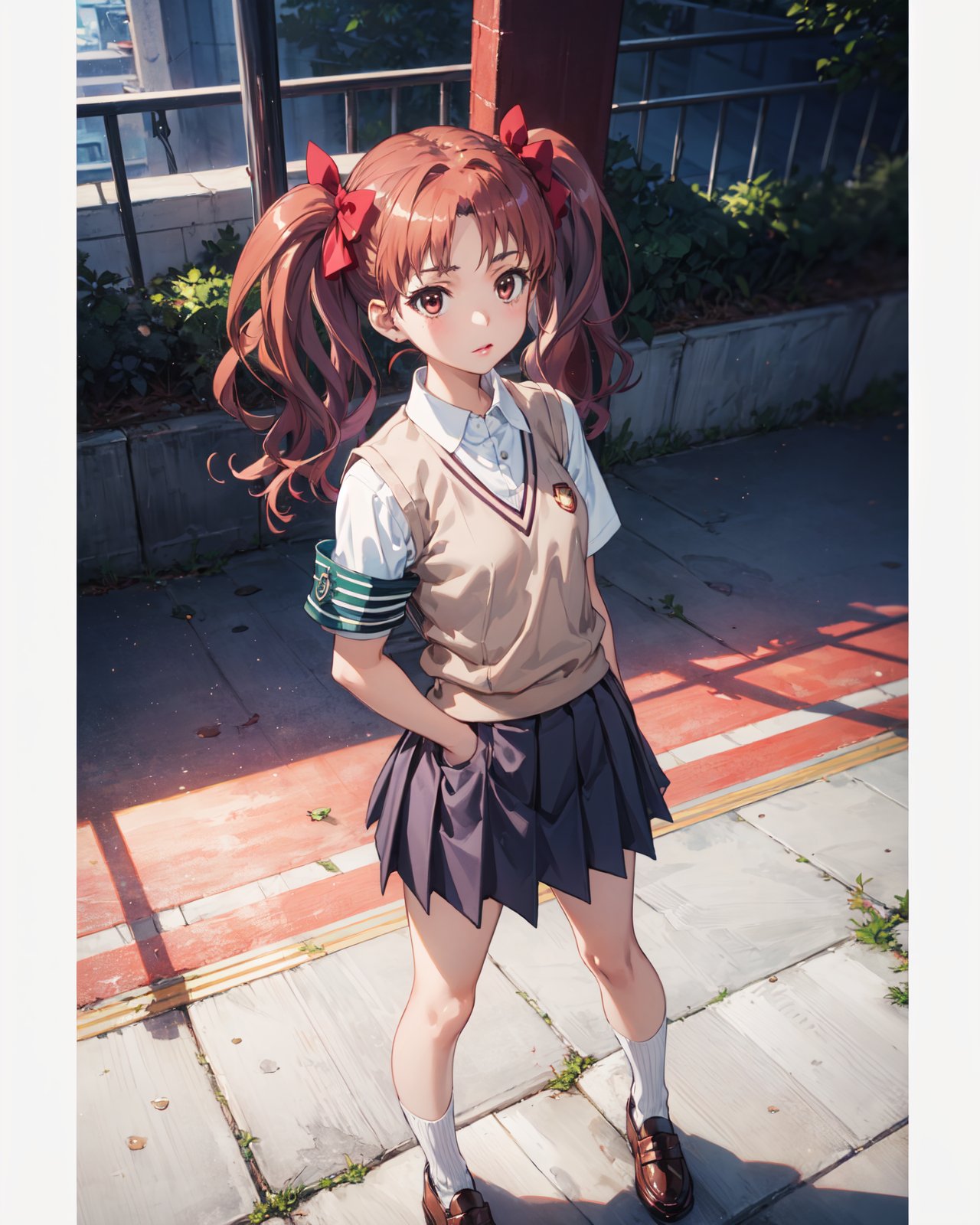 <lora:Kuroko-000003:0.8>,Kuroko CYQL,1girl,looking at viewer,solo,long hair,twintails,brown hair,brown eyes,bow,hair bow,wavy hair,school uniform,sweater vest,summer uniform,armband,skirt,shirt,green armband,pleated skirt,white shirt,v-neck,grey skirt,standing,collared shirt,socks,loafers,(teasing_smile:1.2),beautiful face,beautiful eyes,glossy skin,shiny skin,(panorama,from_above,spread legs:1.2),hand in pocket,Plaza, Outdoor performance, Music, Dance, Spectators,Cosmos flowers,beautiful detailed sky,beautiful detailed glow,(English text:1.3),(border:1.5),posing in front of a colorful and dynamic background,(masterpiece, best quality, beautiful and aesthetic:1.3),contrapposto,female focus,fine fabric emphasis,wallpaper,fashion,Lipstick,depth of field,intricate_detail,finely_detailed,fine_fabric_emphasis,(glossy),<lora:增强减少细节add_detail:0.4>,