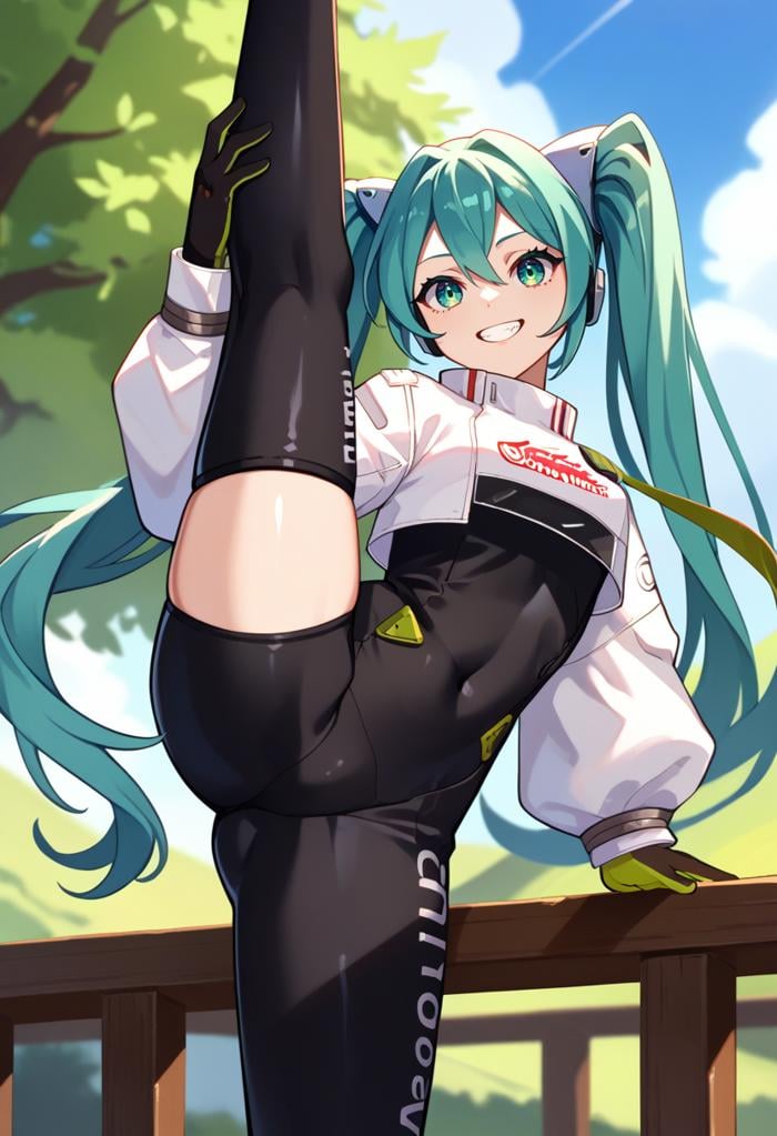 score_9, score_8_up, score_7_up, source_anime, solo, 1girl, racingmiku2022, grin, looking at viewer, standing split, standing on one leg, twintails, white jacket, cropped jacket, long sleeves, two-tone gloves, black gloves, green gloves, black bodysuit, single thighhigh, single thigh boot, outdoors <lora:vocaloid_racingmiku2022_ponyXL:1>