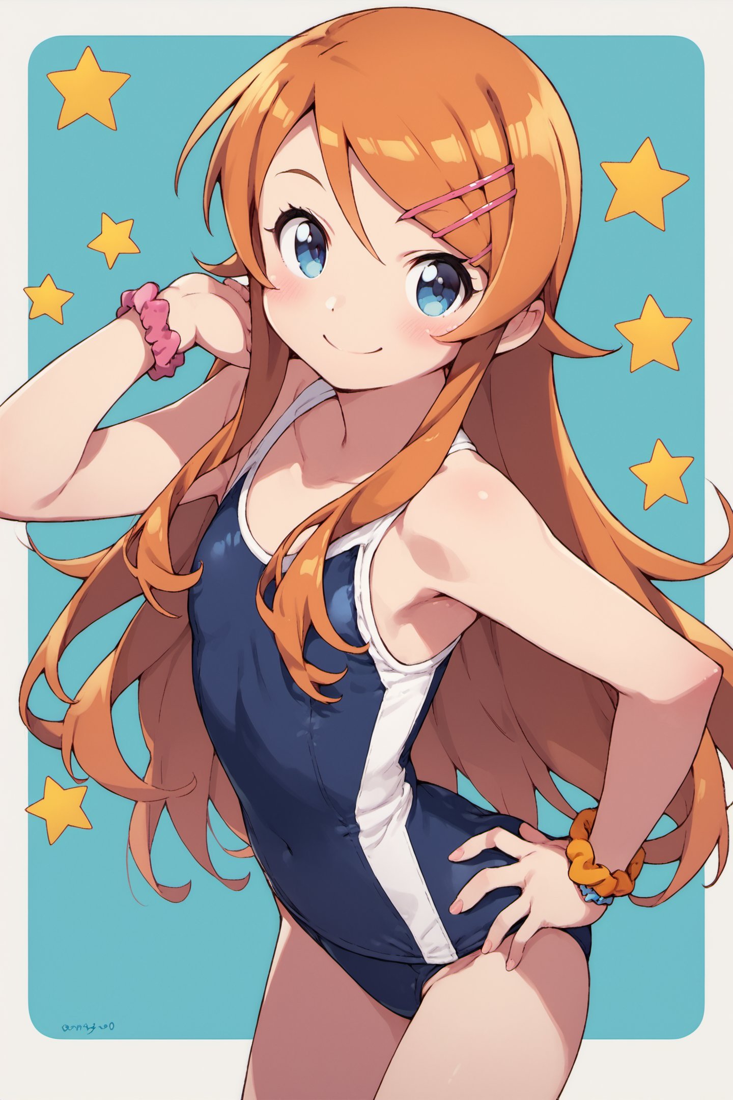 1girl,solo,long hair,kousaka kirino,hair ornament,blue eyes,smile,hand on hip,hairclip,orange hair,bracelet,star (symbol),blush,looking at viewer,scrunchie,school swimsuits,score_9,score_8_up,<lora:Kanzaki Hiro_XL_PONY:0.9>,