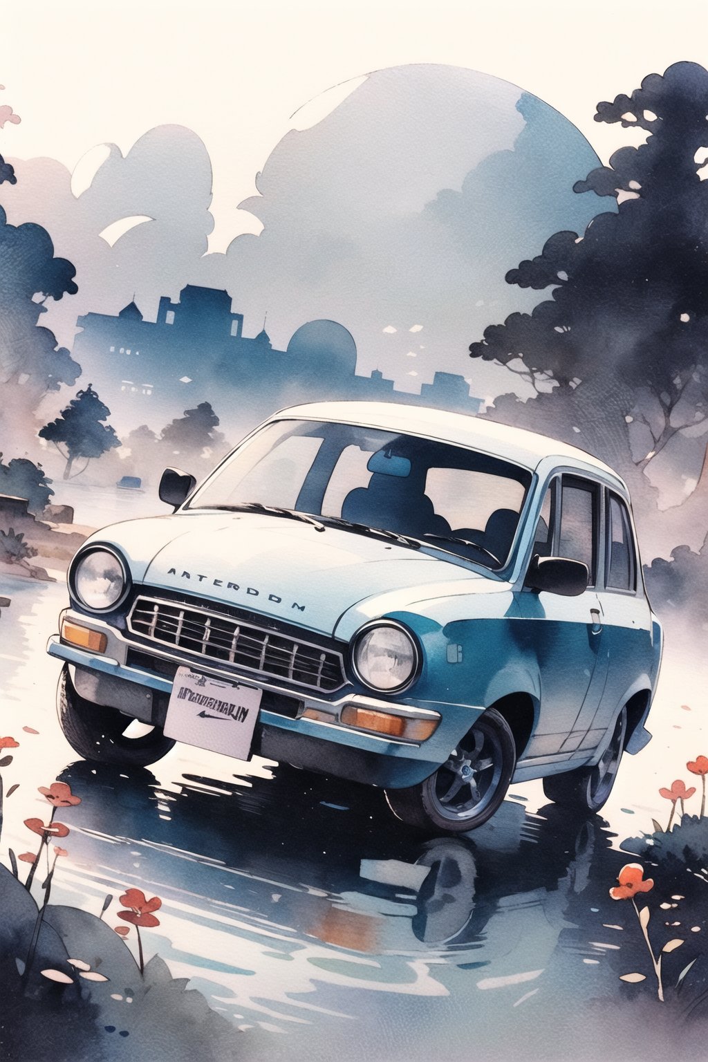 watercolor_(medium),ink and wash,car,