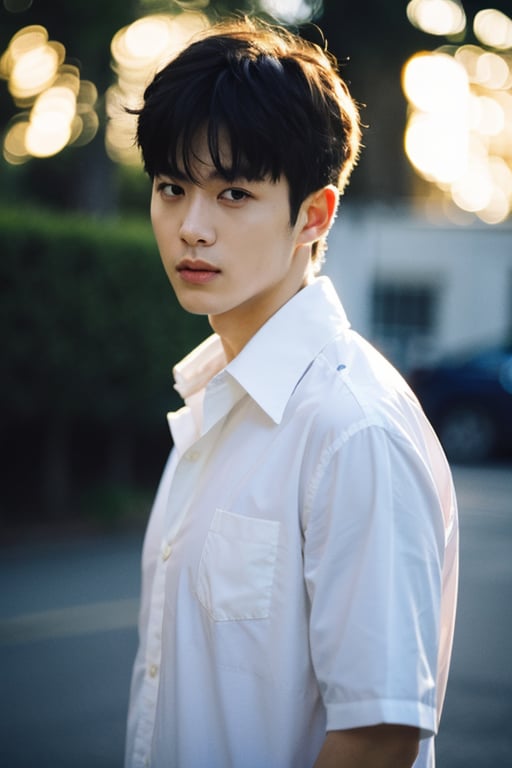 a boy,male focus,solo,realistic,shirt,black hair,looking at viewer,blurry,blurry background,upper body,white shirt,short sleeves,short hair,closed mouth,print shirt,lips,collared shirt,, best quality,High Quality,realistic,RAW photo,masterpiece,8k,insane details,High detail,hyperdetailed,Lighting,Master Lighting,film grain,