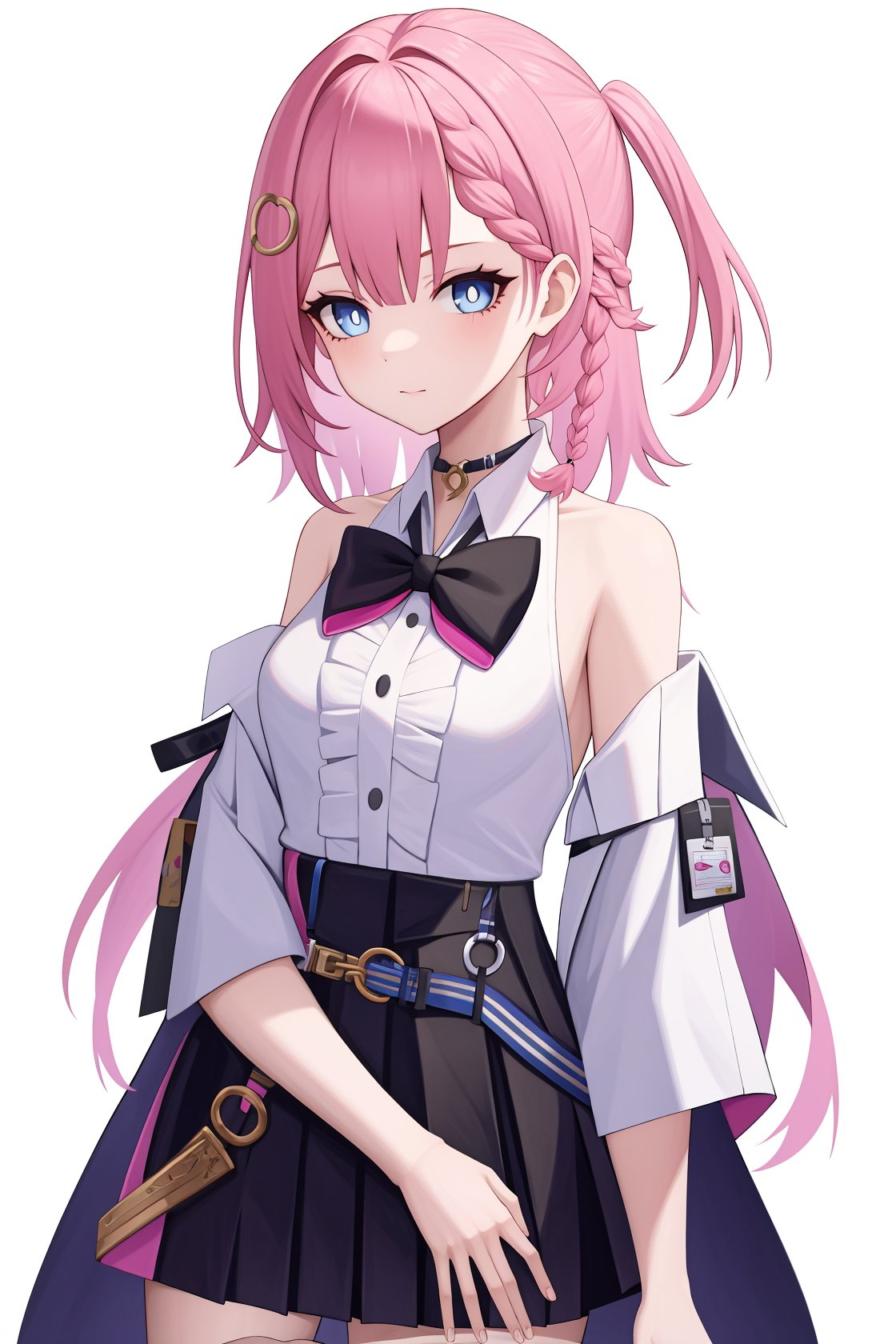 <lora:艾丝妲-000010:0.8:lbw=char>,asta,blue eyes,braid,bangs,hair ornament,pink hair,shirt,bow,skirt,white shirt,sleeveless,black skirt,black bow,bowtie,, 1girl,,  (masterpiece,best quality:1.2),absurdres