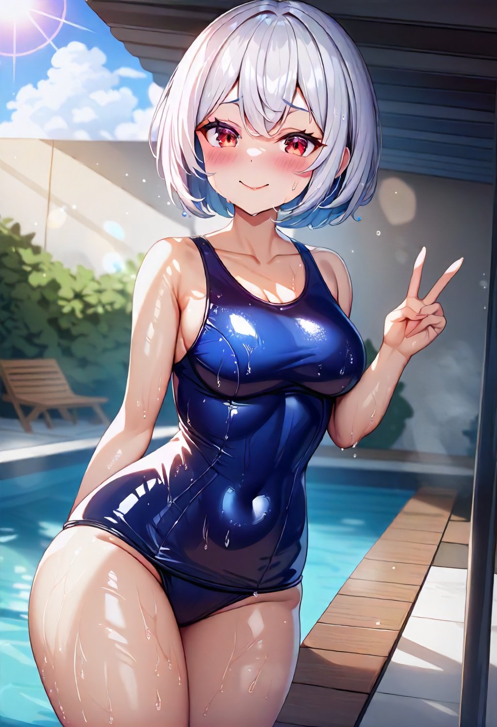 masterpiece,best quality, very aesthetic, absurdres,photoshop \(medium\),1girl,qsuku,blue qsuku,shiny,wet,white hair,red eyes,short hair,V,small breasts,looking at viewer,poolside,<lora:qsukuSDXL_v1:1>,sunlight, cloudy sky, sun, building