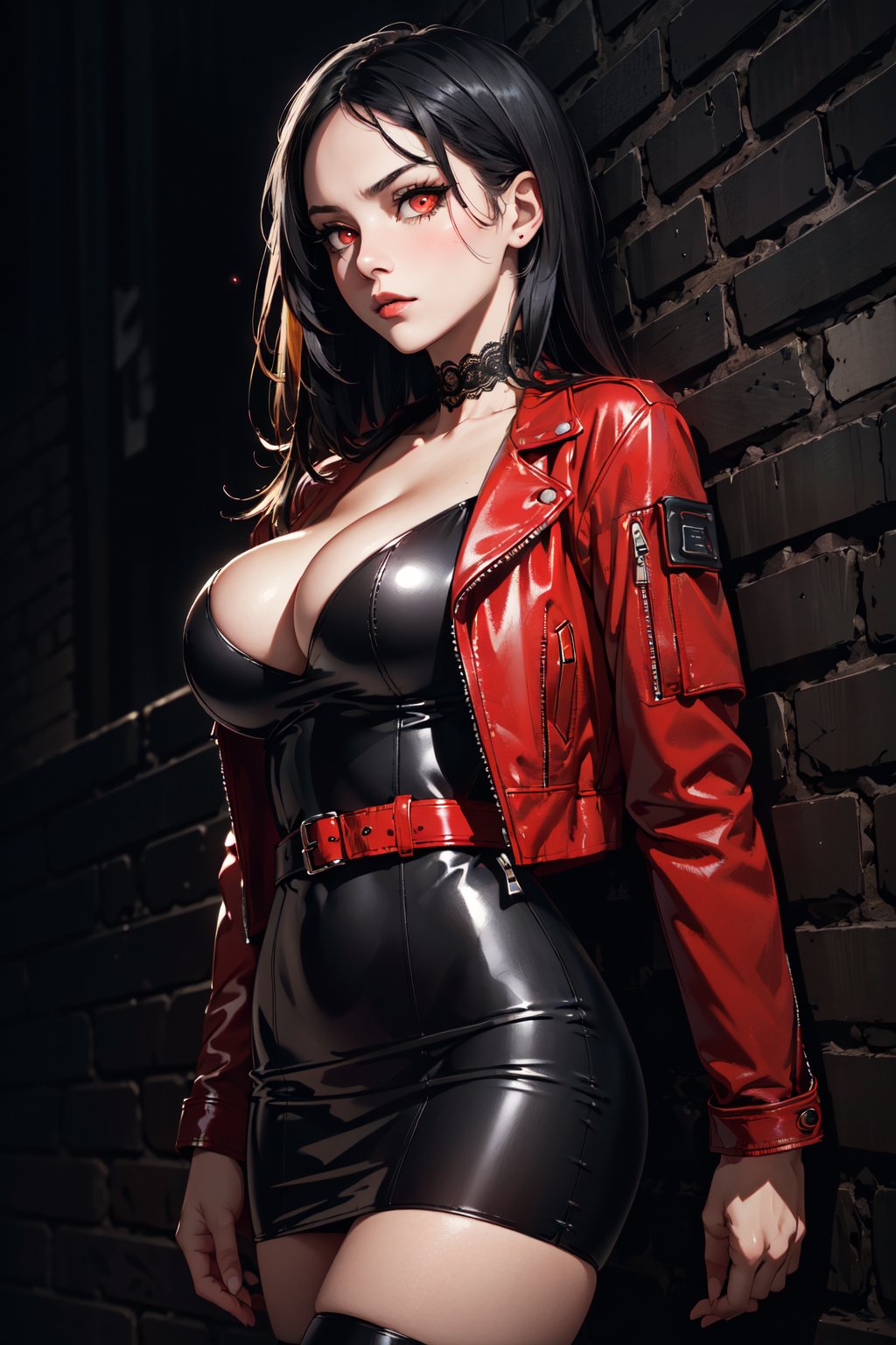 (masterpiece, best quality, hires, high resolution:1.2), (1girl, solo), (mature woman), (a sexy dangerous woman), (expressive eyes), (eyelashes, eyeliner, eyeshadow), serious expression, (long black straight hair:1.4), (huge breasts, cleavage), (red glowing eyes:1.2), (red leather jacket:1.4), (tight black leather dress:1.4), (ornate delicate leather dress), (straps, belts), lace stockings, (in a dark wall:1.4), (graffiti on the dark wall), (two tone lighting, dimly lit, moody lighting), (cowboy shot), (dark theme:1.4), (at night:1.4), <lora:epiNoiseOffset:0.6>,