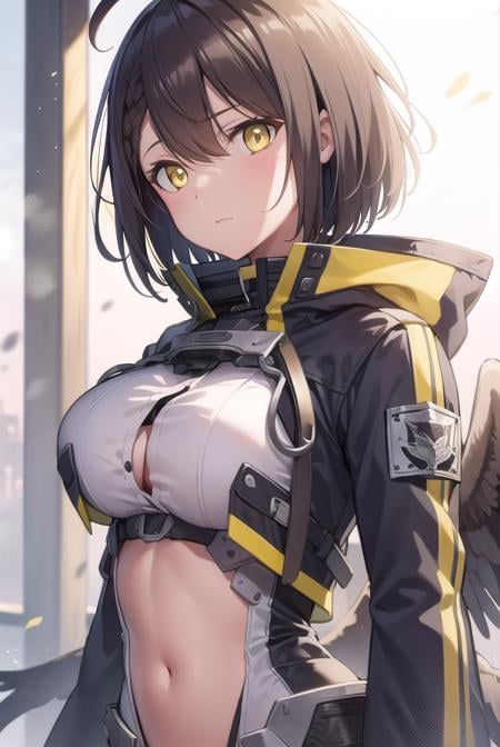 baltimore, <lyco:baltimore-LYCORIStest:1>,baltimore, brown hair, (yellow eyes:1.5), braid, ahoge, short hair, french braid, hair between eyes, bob cut,BREAK eagle union (emblem), garter straps, jacket, navel, stomach, stomach cutout, thighhighs, toned, turret, underboob, underboob cutout, multicolored coat, gloves, white gloves, long sleeves, coat, open coat, open clothes, center opening, BREAK looking at viewer,BREAK outdoors,BREAK <lora:GoodHands-vanilla:1>, (masterpiece:1.2), best quality, high resolution, unity 8k wallpaper, (illustration:0.8), (beautiful detailed eyes:1.6), extremely detailed face, perfect lighting, extremely detailed CG, (perfect hands, perfect anatomy),