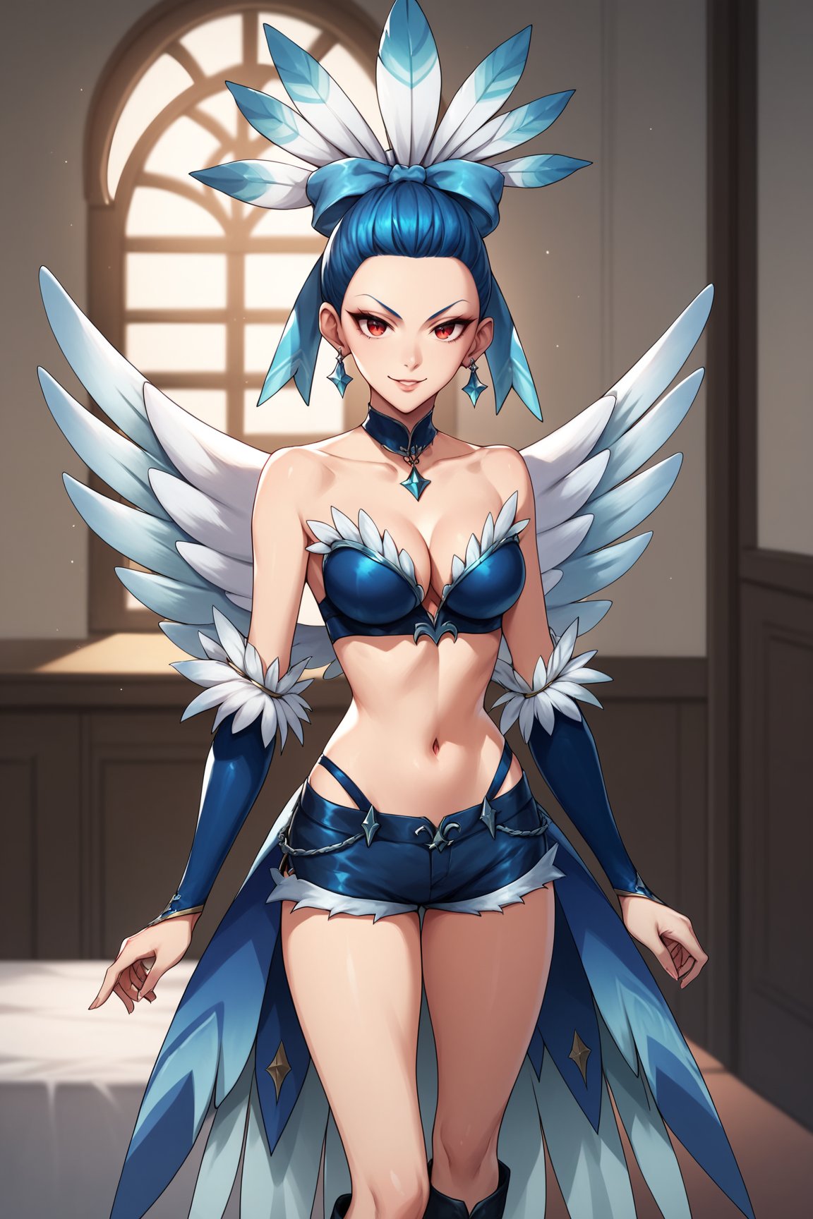 score_9, score_8_up, score_7_up, score_6_up, score_5_up, score_4_up, CluchHHXL, red eyes, blue hair, forehead, hair bow, blue bow, feathers, earrings, blue chocker, medium breasts, two wings, cleavage, blue bikini top, bare shoulders, navel, blue bridal guantlets, blue shorts, short shorts, black knee boots, solo, standing, seductive smile, looking at viewer, indoors <lora:CluchHHXL:0.9>