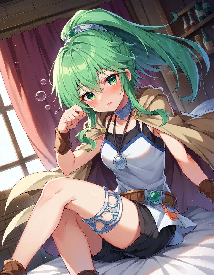 score_9, score_8_up, score_7_up, source_anime,windapriestessofgusto, <lora:winda-priestess-of-gusto-ponyxl-lora-nochekaiser:1>,winda priestess of gusto, green eyes, green hair, long hair, ponytail,choker, cape, brown cape, jewelry, pendant, anklet, black shorts, collarbone, shirt, short shorts, shorts, sleeveless, sleeveless shirt, thighlet, white shirt,indoors, bed, bed room, on side, blush, drunk,looking at viewer, cowboy shot, dutch angle,