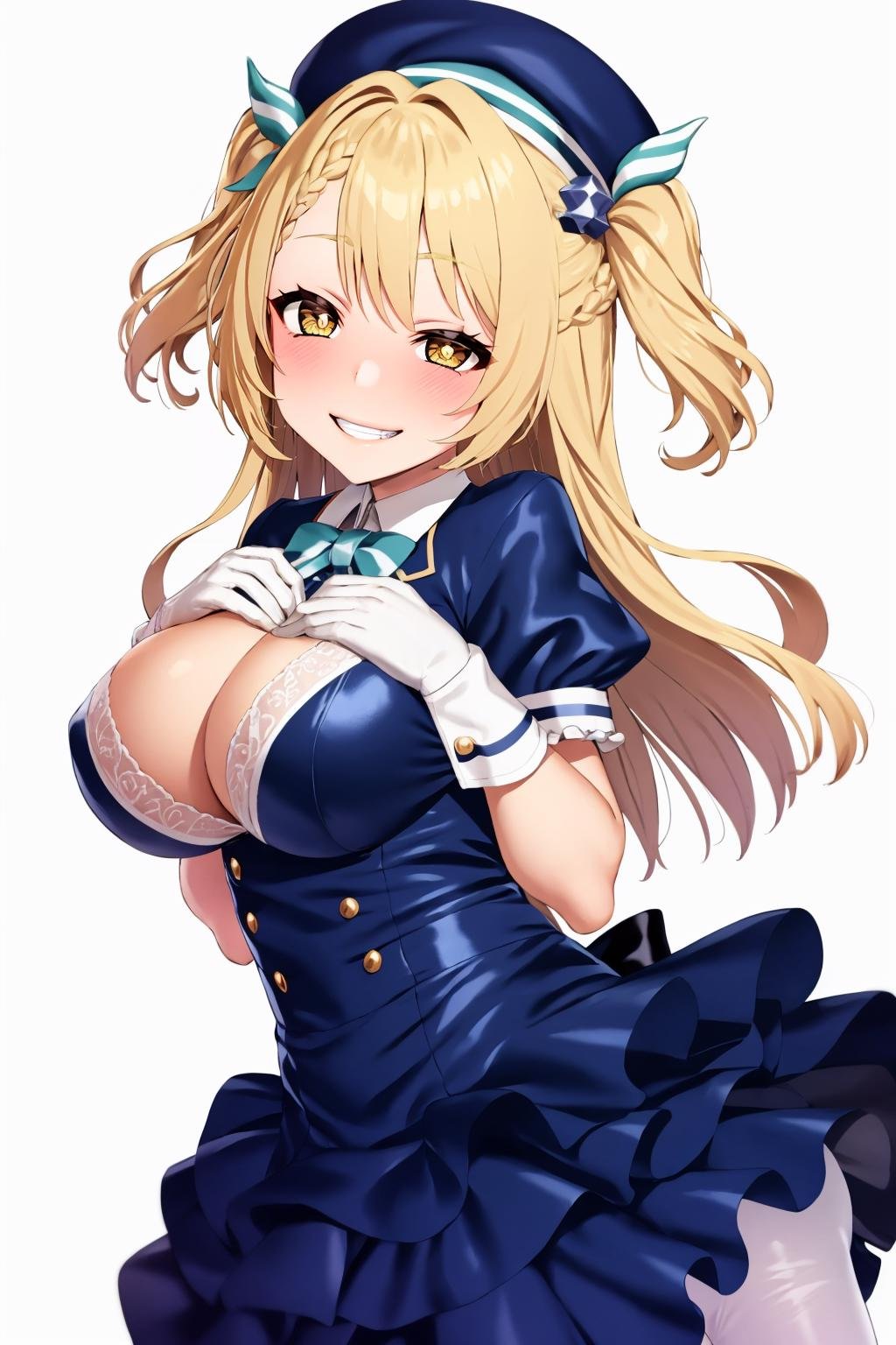 1girl, breasts, solo, smile, blue eyes, gloves, looking at viewer, blonde hair, large breasts, blush, white gloves, short hair, grin, bangs, multicolored hair, white background, yellow pupils, simple background, short sleeves, blue hair, orange headwear, +_+, hat, white pantyhose, two side up, dress, pantyhose, frills, two-tone hair, hair intakes, hair ornament, beret, white dress, puffy sleeves, puffy short sleeves