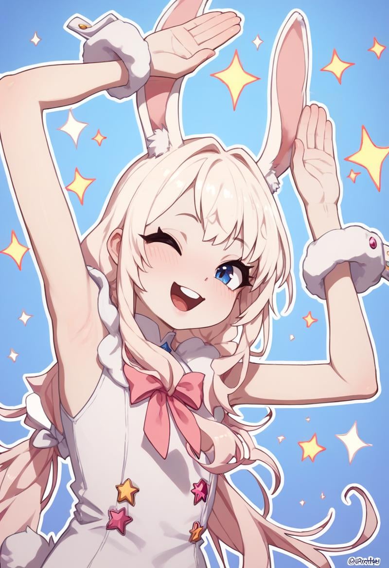 score_9, score_8_up, score_7_up, score_6_up, score_5_up, score_4_up,Cromachina,close-up rabbit ears, girl, happy, hands above head, rabbit pose,((white outline):2),  colorful, (abstract background),  white stars,  blue background, dutch angle, <lora:Cromachina_v2:1>