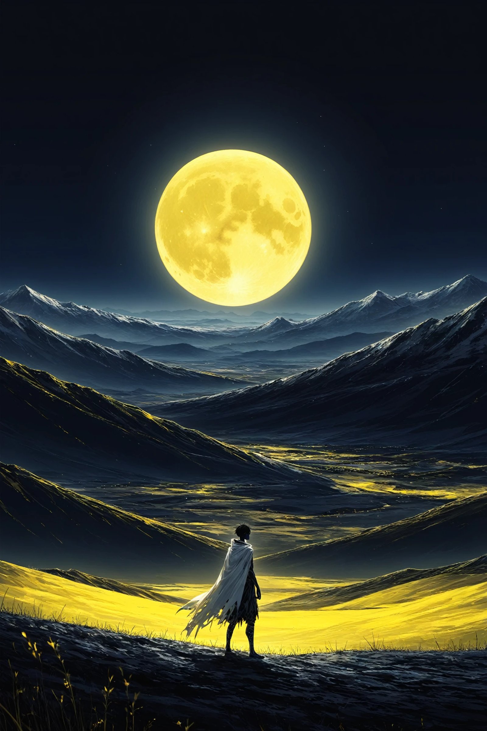 1boy, solo, black hair, black skin, blue sky, cape, colored skin, from side, full moon, looking at another, moon, mountainous horizon, night, outdoors, scenery, sky, standing, white cape, wide shot, yellow theme
