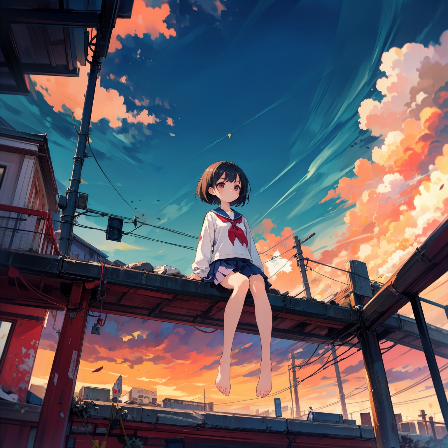 (masterpiece,4k, best quality,slim,thin,skinny), (full body:1.2),(from below:1.2),sitting on roof,utility pole, metal wire,destroyed,cloudy sky,window,roof,sunset,  1girl,solo,serafuku,long pleated skirt,barefoot,footdangle,bob cut, short hair, one side up, looking away, v arms,hands on lap,( fisheye),