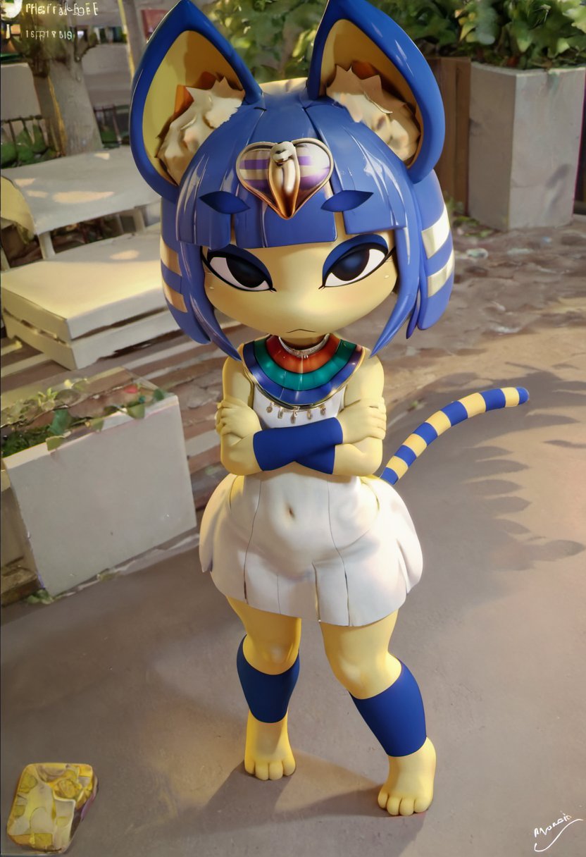 zPDXL, zPDXLxxx, score_9, score_8_up, score_7_up, score_6_up, score_5_up, score_4_up, BREAK <lora:Ankha_HD_Animal_Crossing_for_PonyXL:0.9>,ankha \(animal crossing\), 3d, 1girl, outdoors, yellow fur, furry, two-tone fur, blue hair, furry female, animal ears, tail, white dress, arms crossed, anthro, felid, feline, body fur, short hair, hair ornament, cat ears, animal feet, felis, domestic cat, blue fur, feet, snake hair ornament, city street, day, barefoot, cat tail, cat girl, sky, blunt bangs, blue eyeshadow, egyptian, hair, blue sky, looking at viewer, toes, closed mouth, outside, animal nose, flat chest, white fur, fur, stomach, black eyes, bob cut, from above