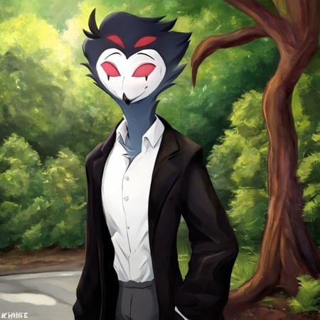 Stolas[Helluva], FuzzyBuns[Helluva],BlueBlood[Helluva], blue body, feathers, bird, anthro, anthro bird, white face, red sclera, black hands, messy hair, large messy hair, dark blue messy hair, 4eyes, two sets of eyes, tail, bird tail, black and blue legs, (male anthro bird:1.3).  Solo, alone, by himself, 1boy, male.  clothing, clothed, dressed, white shirt, shirt, white shirt, mid waisted slacks, grey mid waisted slacks, mid waisted dress pants, grey mid waisted dress pants, black coat, long black coat, 1920s coat, 1920s black coat.  thin, skinny body, skinny, thin body, twink, twink body, skinny body, skinny, (muscle:1.47), (twink body:1.7), (blue body:1.1).  headshot, close to face, bustshot photo, bustshot.outside, park, forest, woods, trees.Realistic, Furry, Animalistic features, Anthro, Detailed, Shaded,HD, digital painting, digital art, masterpiece.  standing, standing up.  closed mouth, happy emotion.  HD, digital painting, digital art, masterpiece ((bustshot portrait)), digital drawing (artwork), digital media (artwork), hi res, (furry art, uploaded on e621:1.1), best quality, highly detailed, intricate details, extremely detailed, perfect hands, negative_hand.